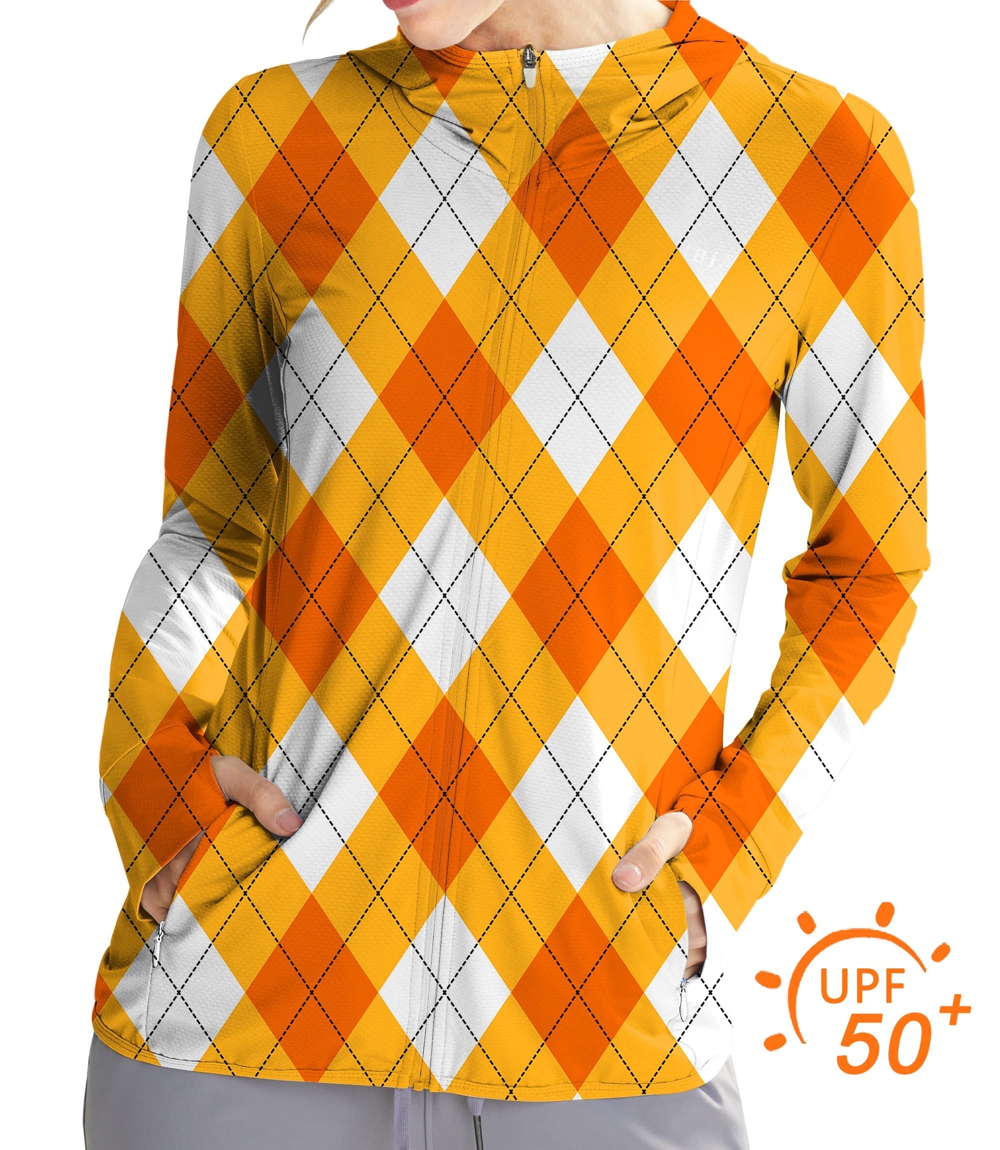 Women's outdoor Halloween cross zip hoodie in orange white argyle pattern with UPF 50+ sun protection and slim fit design