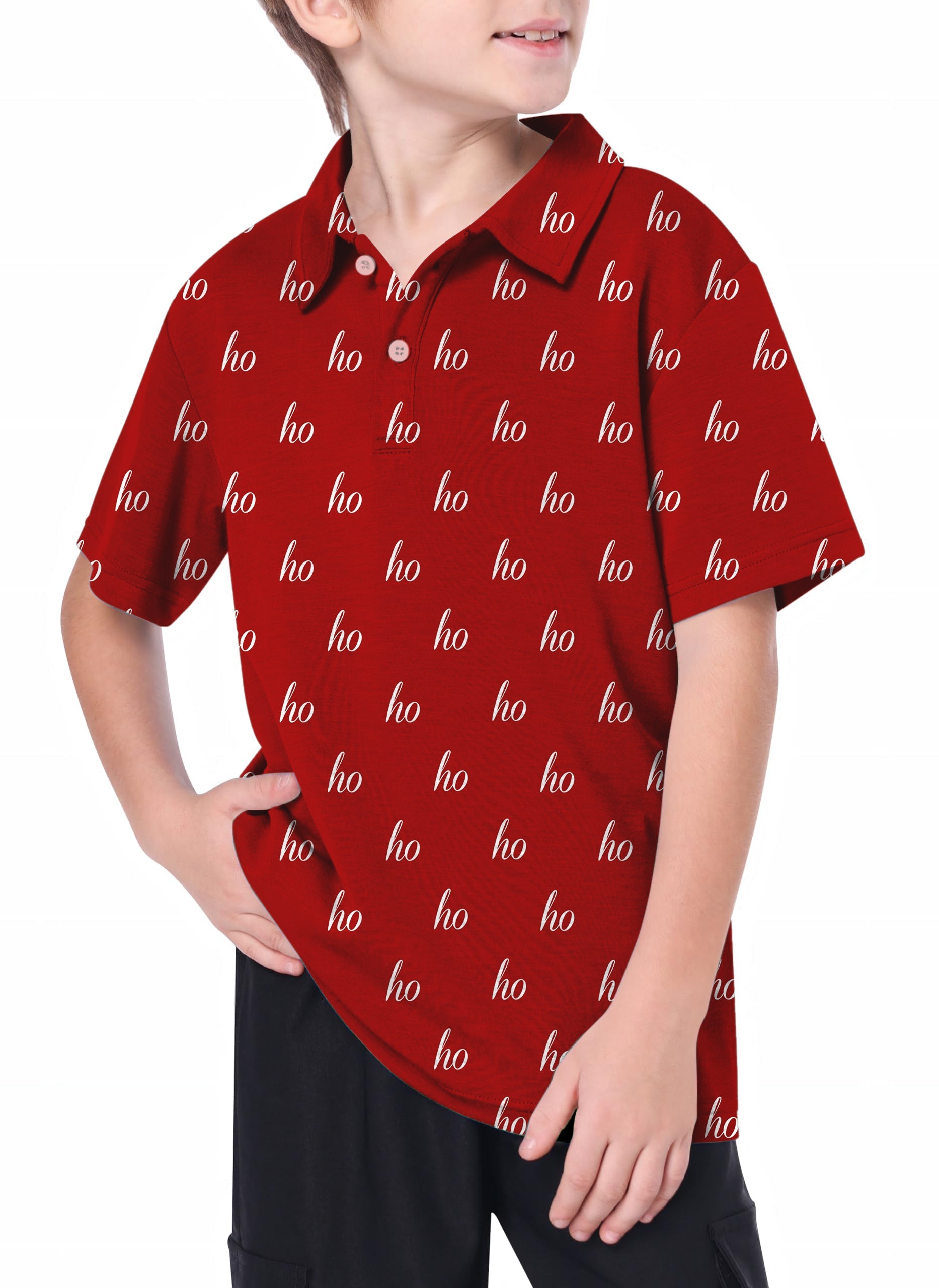 Youth red custom name Christmas golf polo with "ho" print, short sleeves, and collared neck, worn by a boy