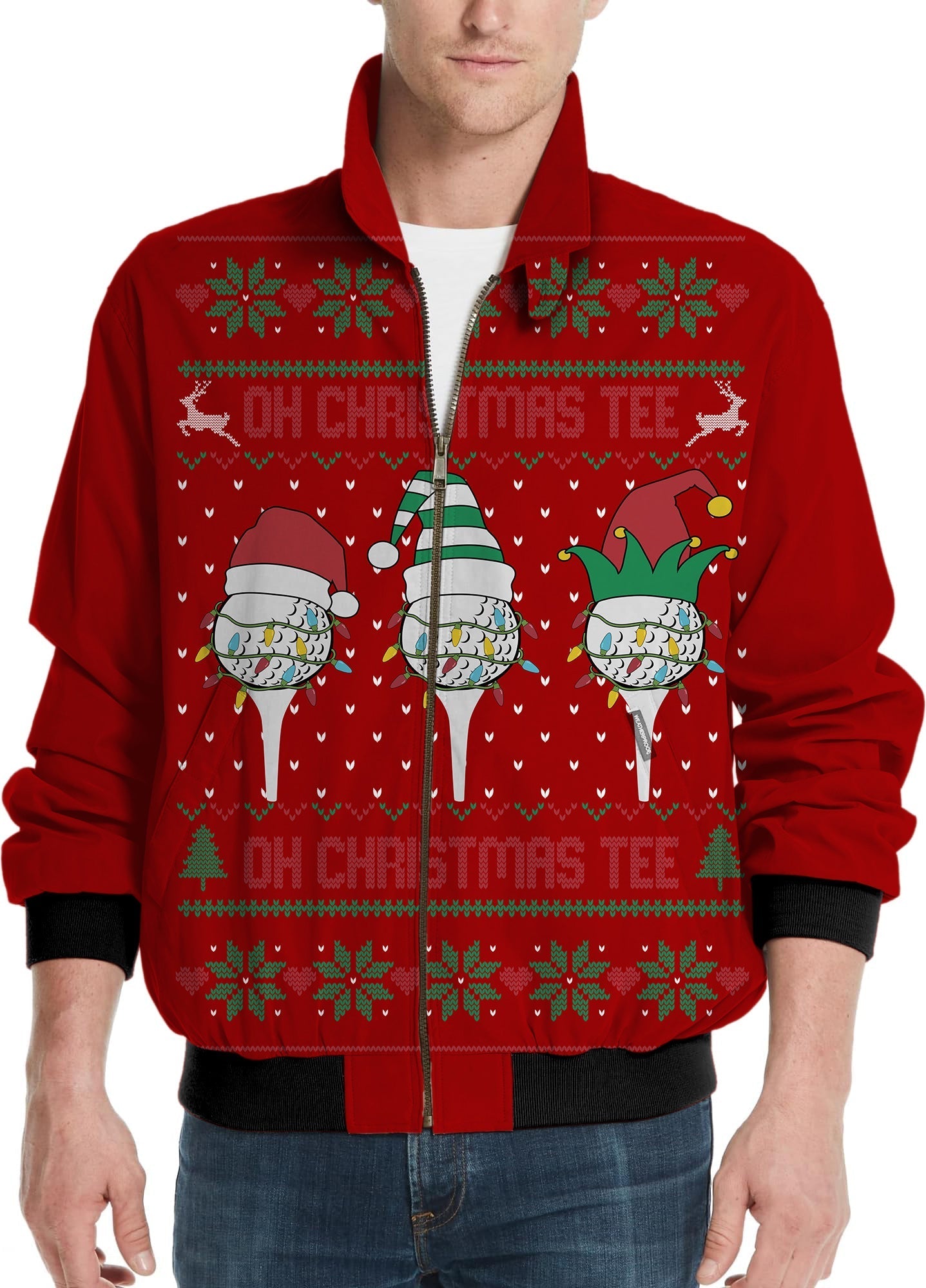 Red-Christmas Custom face men's golf windbreaker jacket with festive golf ball design