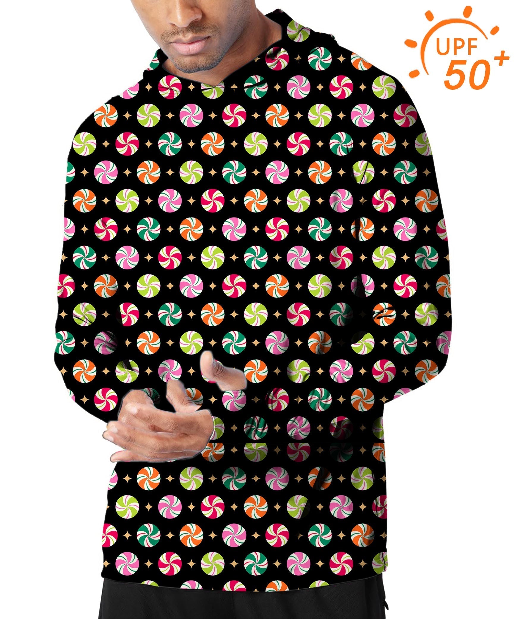 Men's slim fit outdoor hoodie with colorful Christmas candy print, UPF 50+ sun protection, breathable and moisture-wicking fabric for golf and active wear