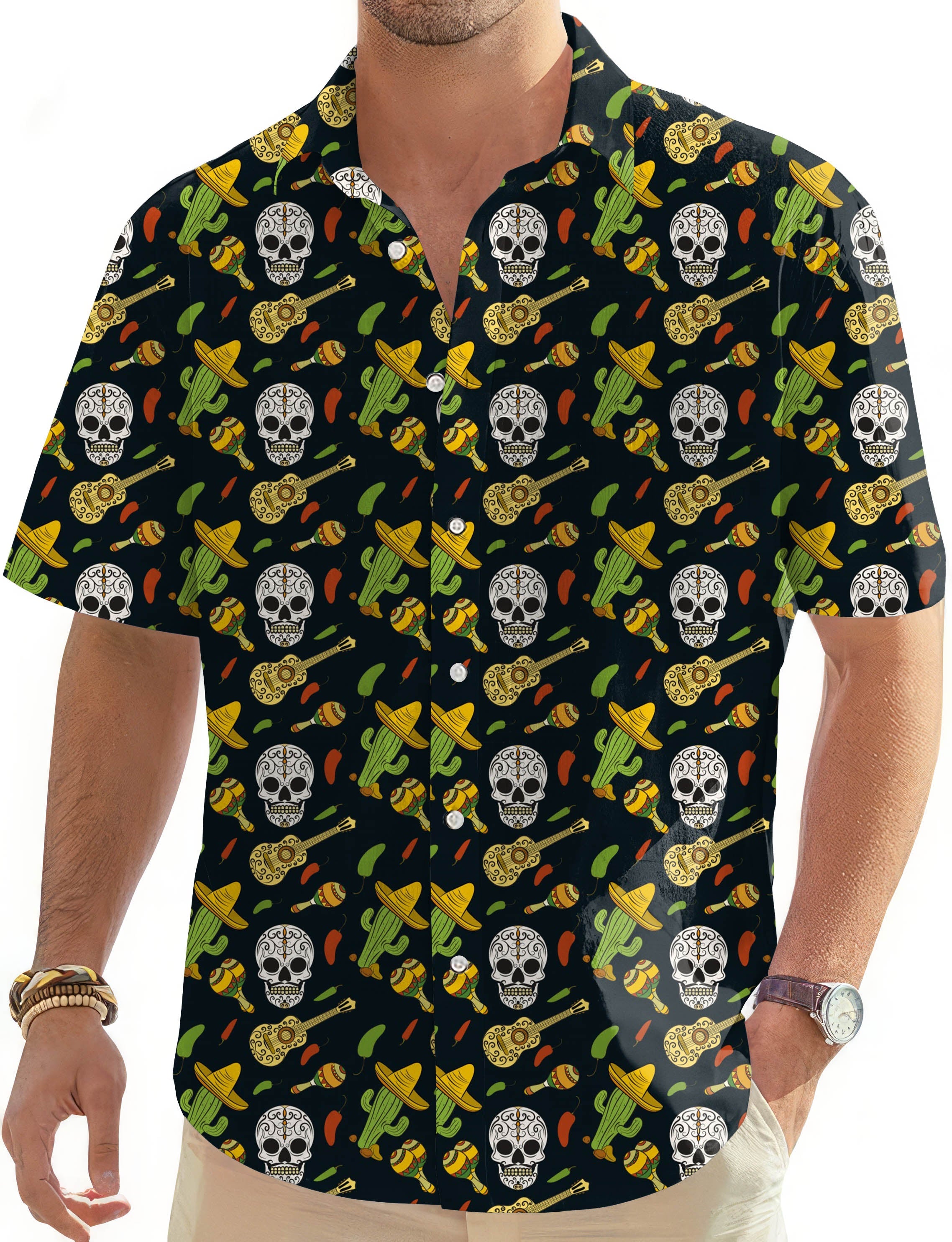Men's cactus and skull-themed Hawaiian button down golf shirt with short sleeves and classic collar
