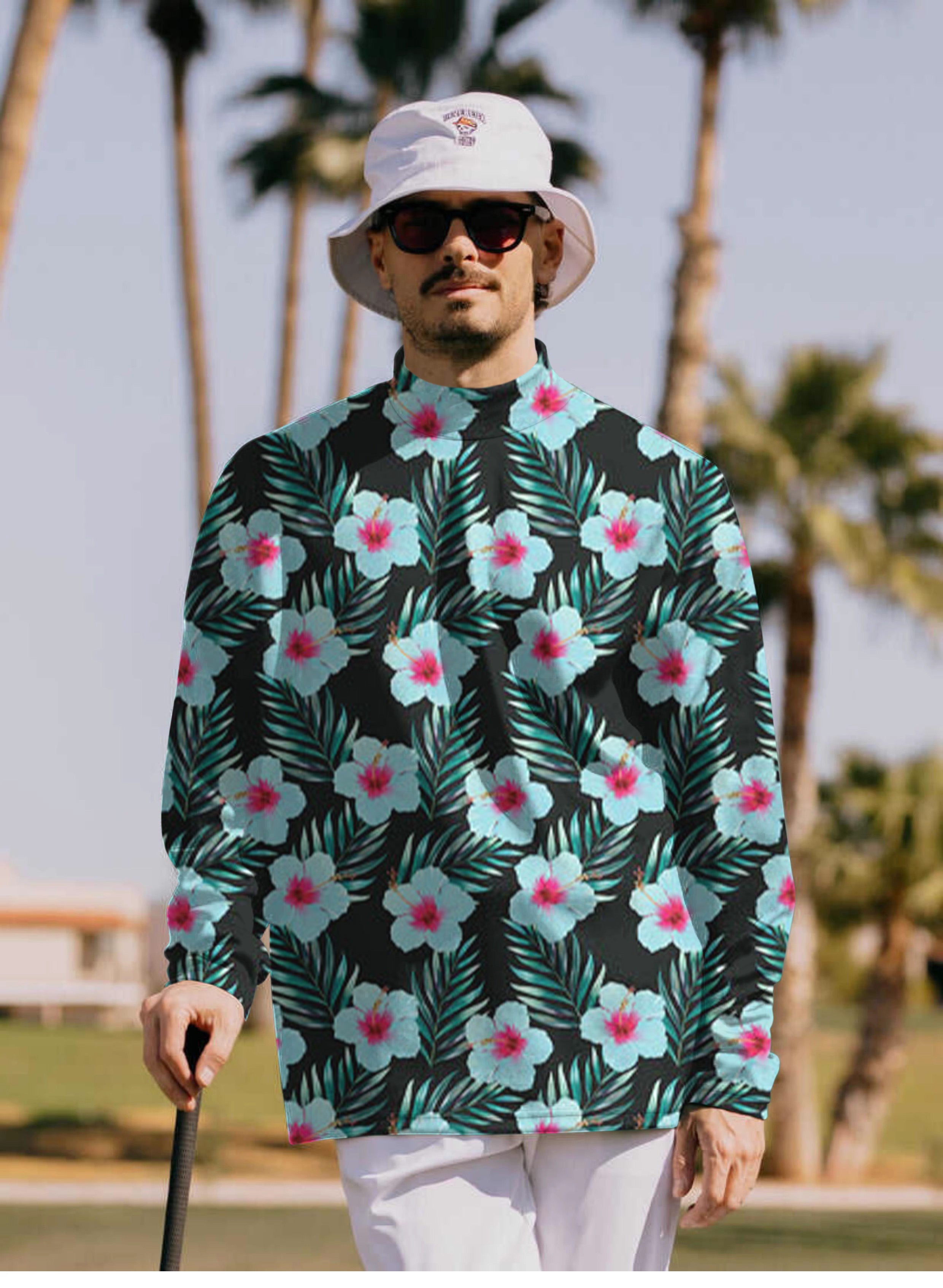 Men's Tropical Flowers Pullover High neck Long/Short sleeve T-Shirt