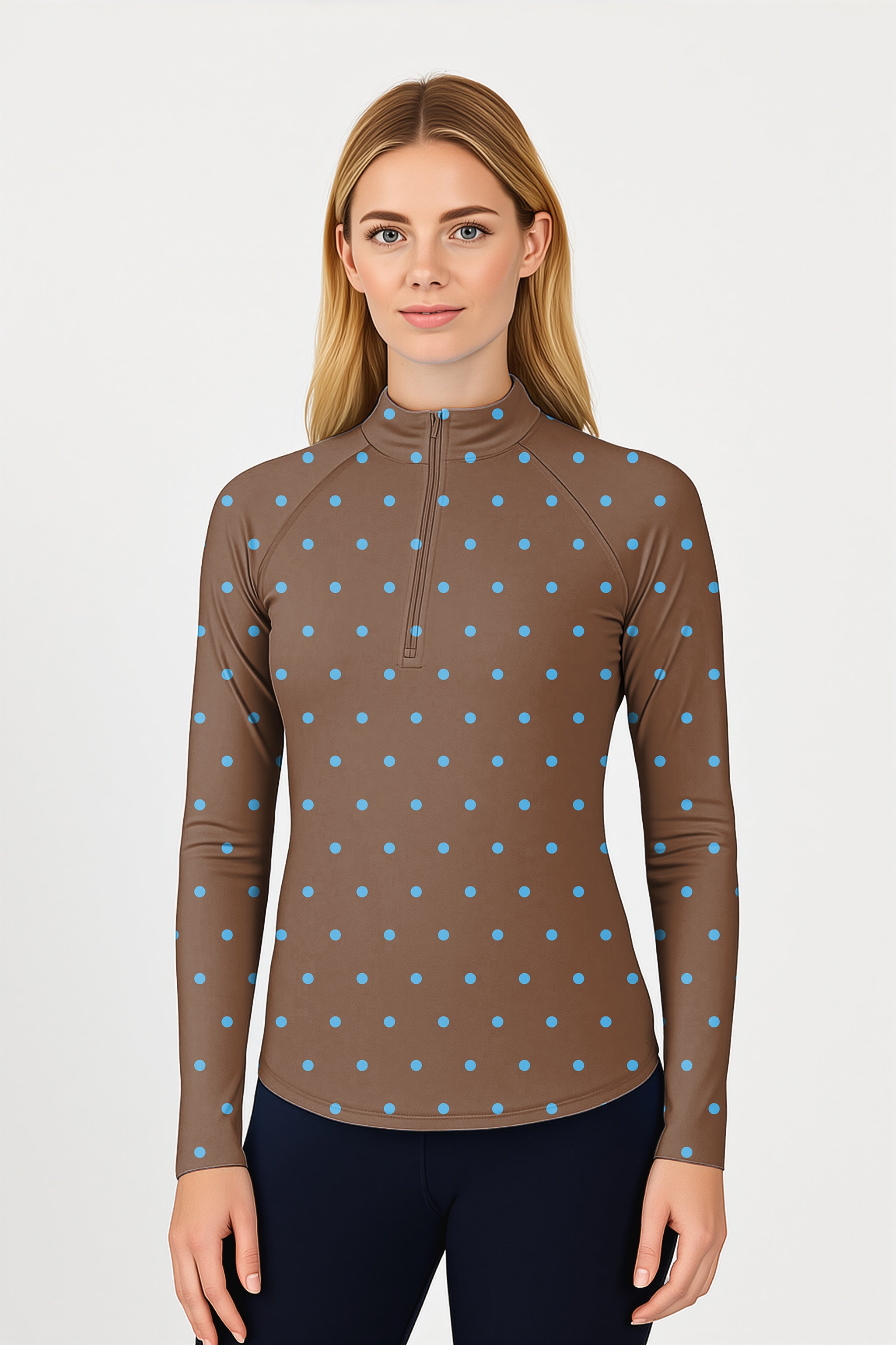 Brown Polka Dots Women's Golf Active 3/4 Zipper Top Long Sleeves