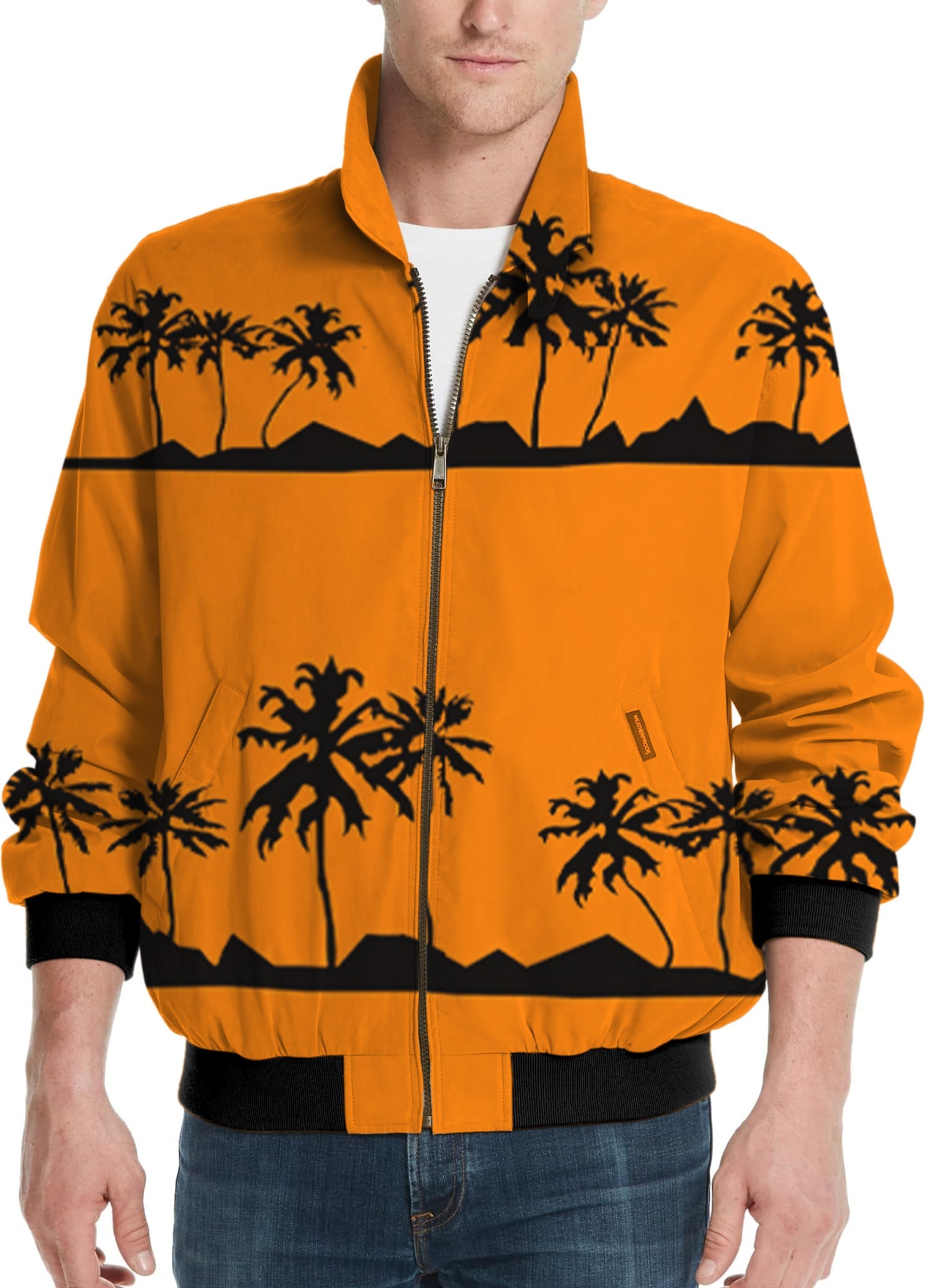 Men's golf windbreaker jacket with setting sun and coconut tree design in orange and black colors