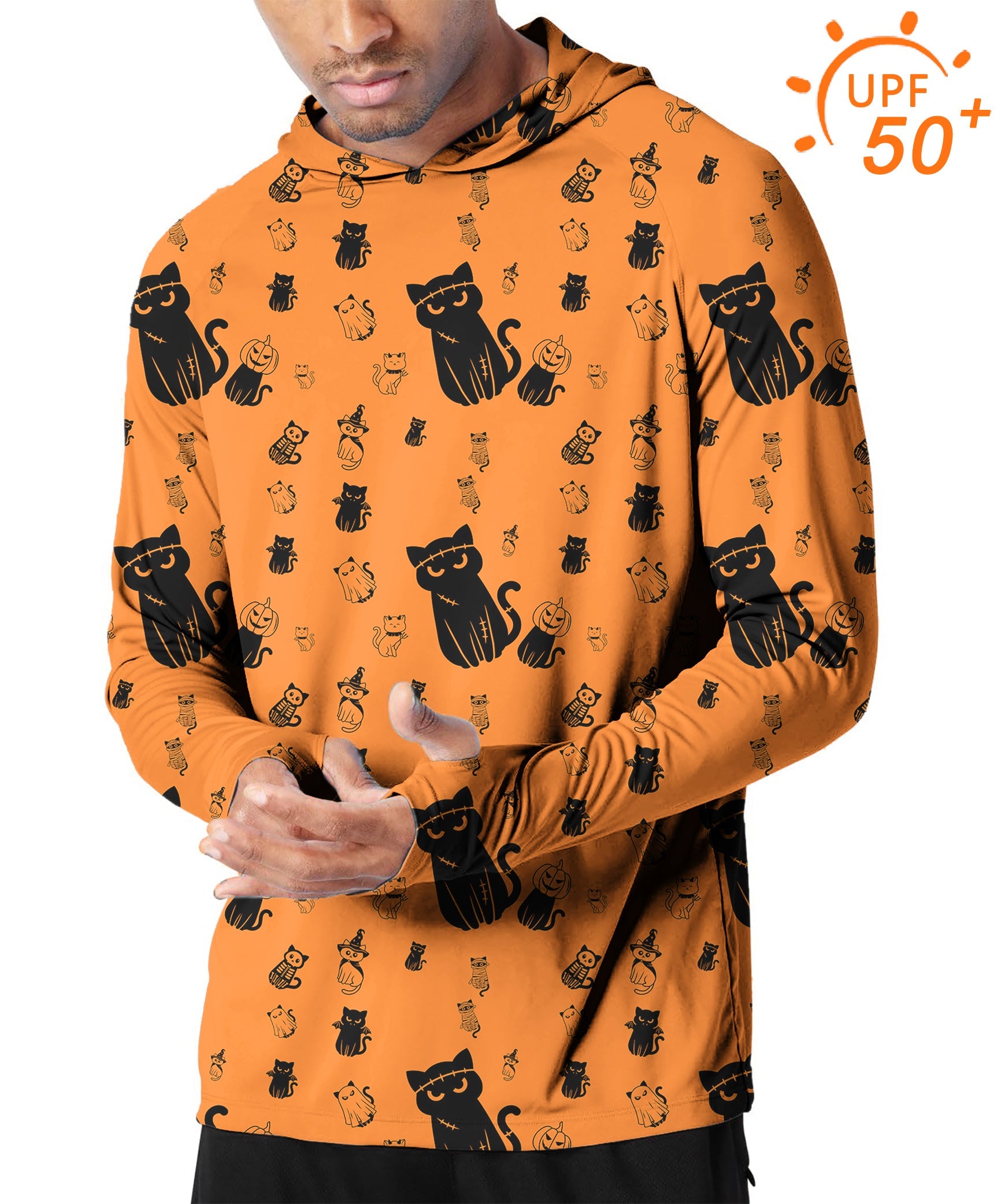 Men's Outdoor Halloween slim fit orange hoodie with black cat prints, UPF 50+ sun protection, breathable fabric, moisture-wicking, thumb holes, and lightweight design for comfort and style.