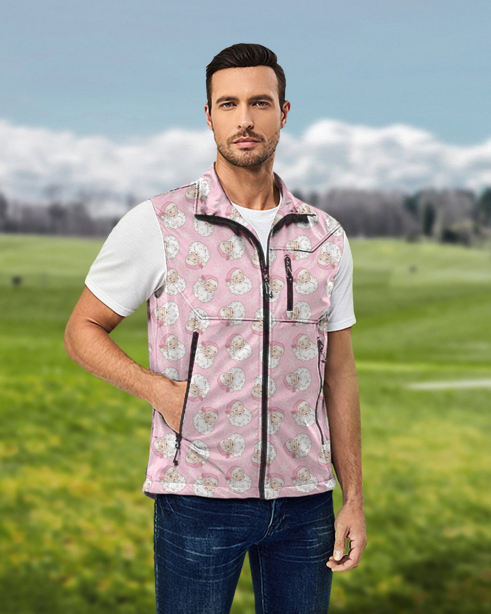 Men's Santa Claus Christmas Lightweight Softshell Vest Sleeveless Jacket for Golf