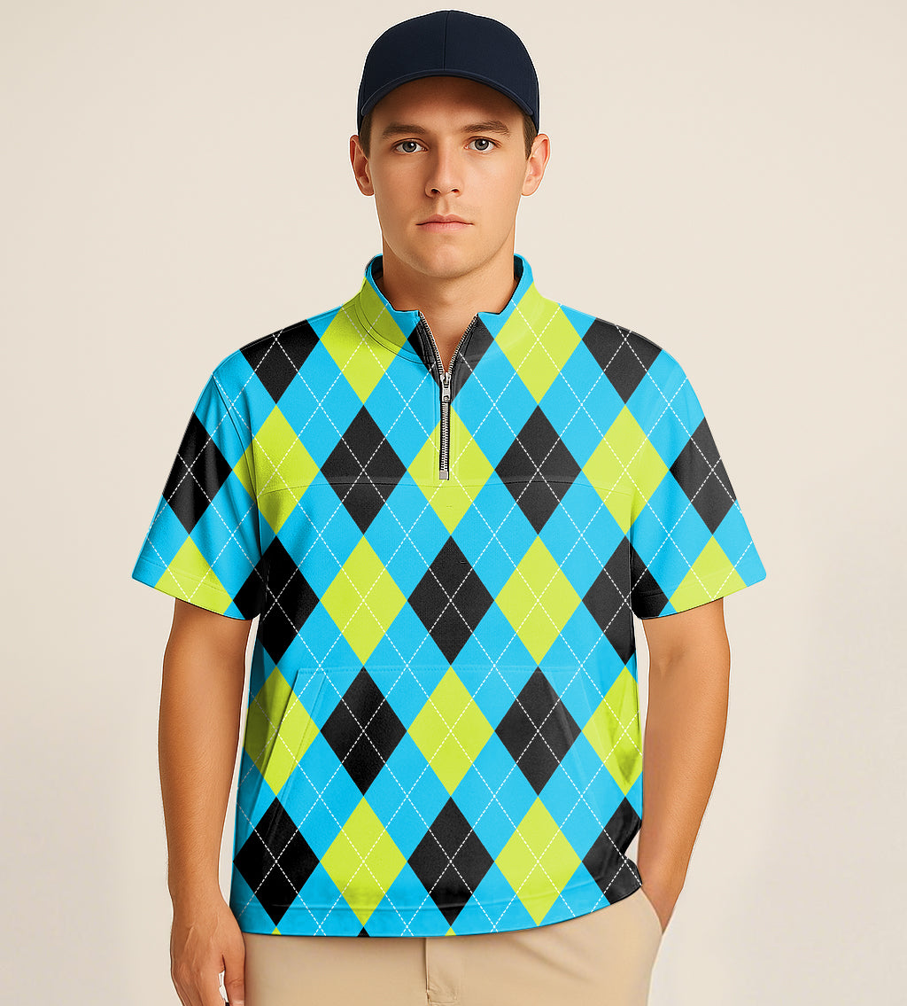 Half zipper turtleneck golf shirt with blue, green, black, and white argyle embroidery and short sleeves