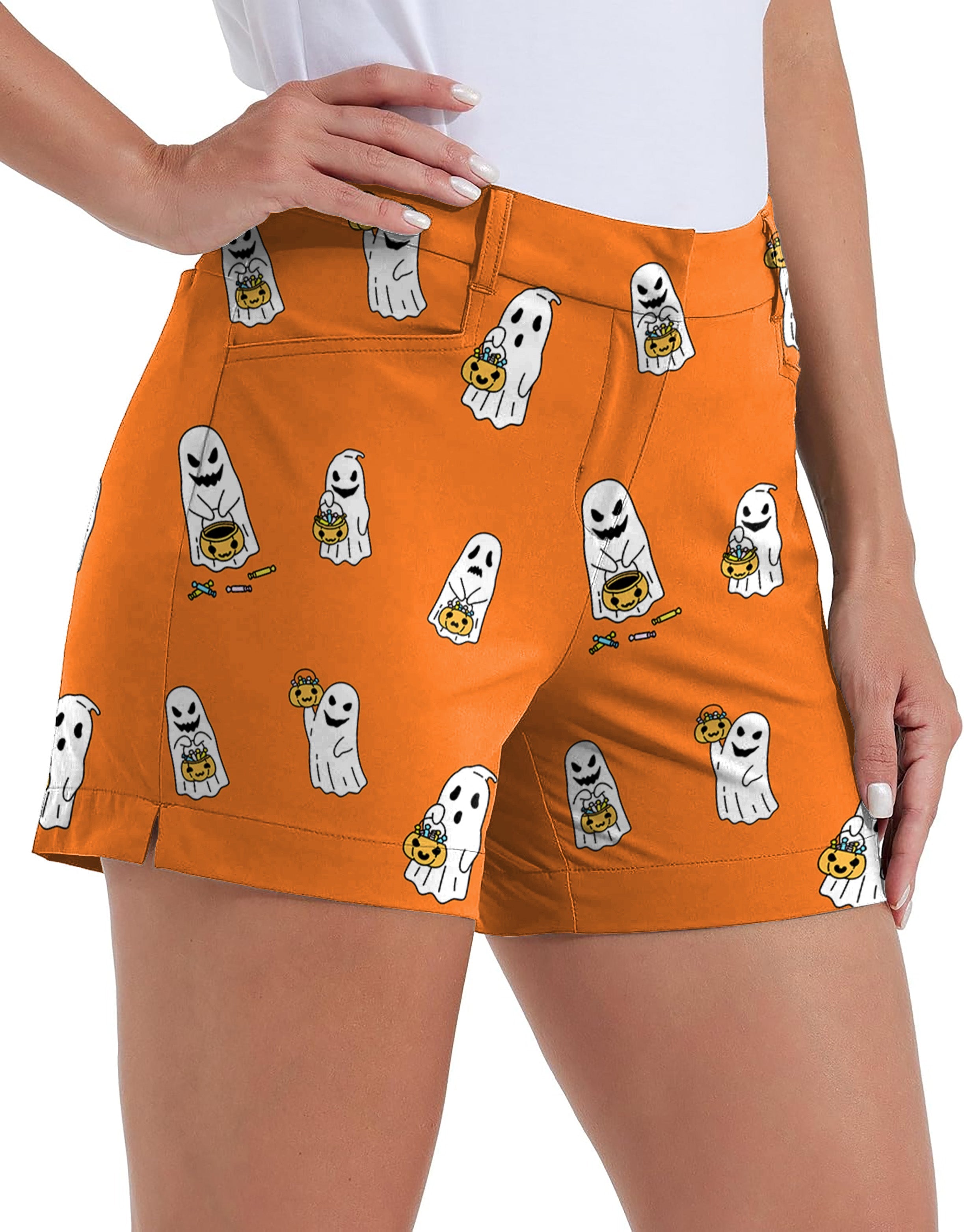 Women's orange quick-dry golf shorts with Halloween ghost pumpkin basket print and pockets