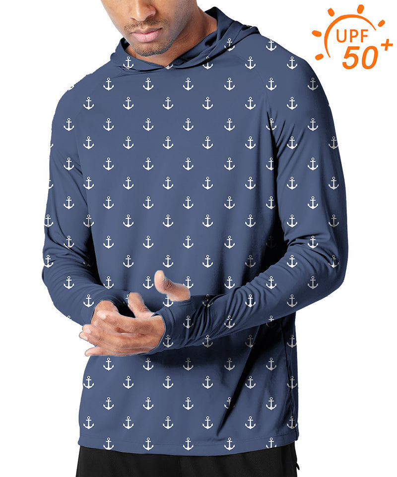 Men's outdoor dark blue anchor print slim fit golf hoodie with UPF 50+ sun protection