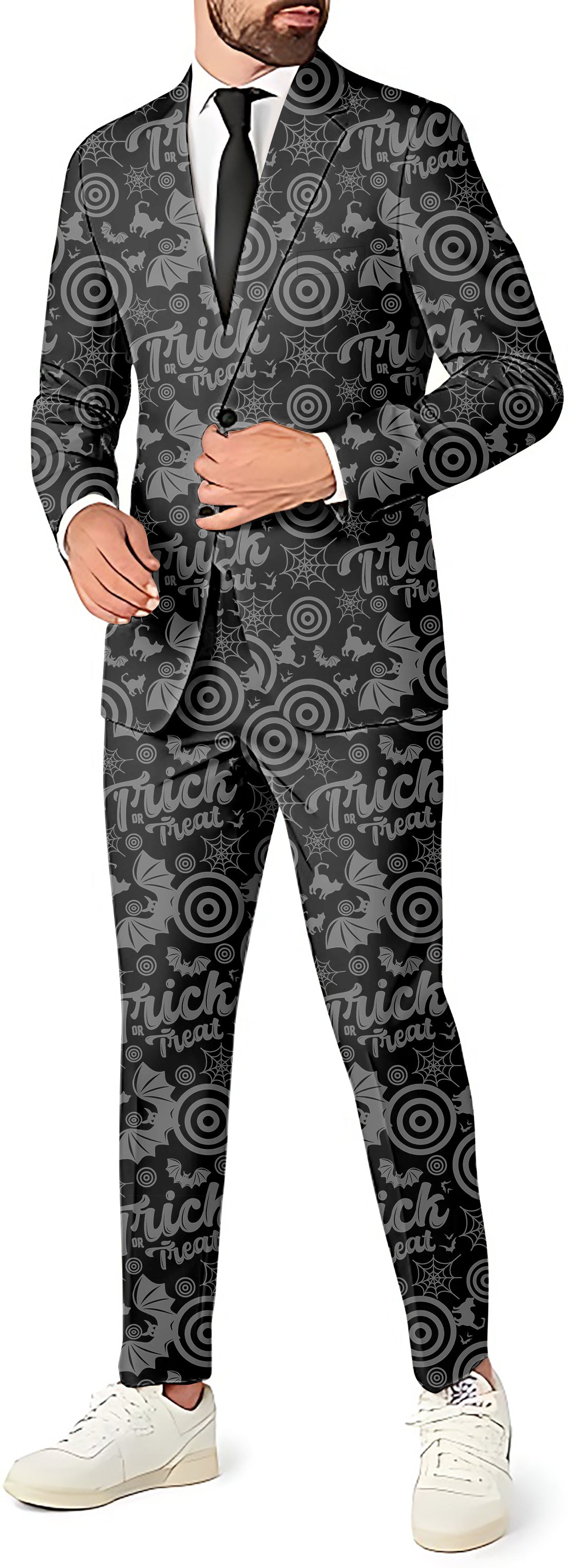 Halloween Circle Bat Cat men's blazer and pants costume set with Halloween-themed patterns