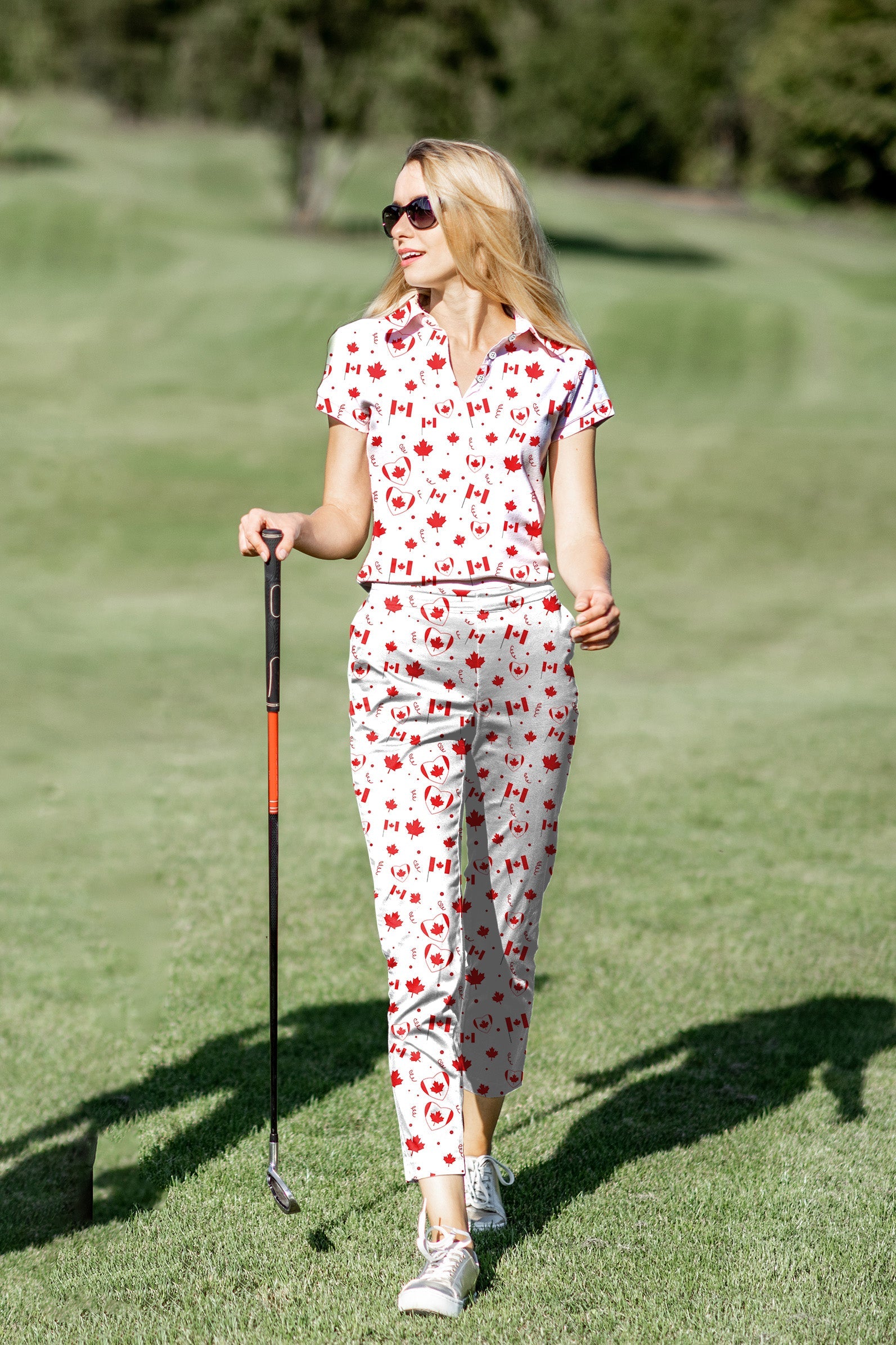 Women's golf polo and pants set with Canadian flag design, moisture-wicking fabric, and classic fit