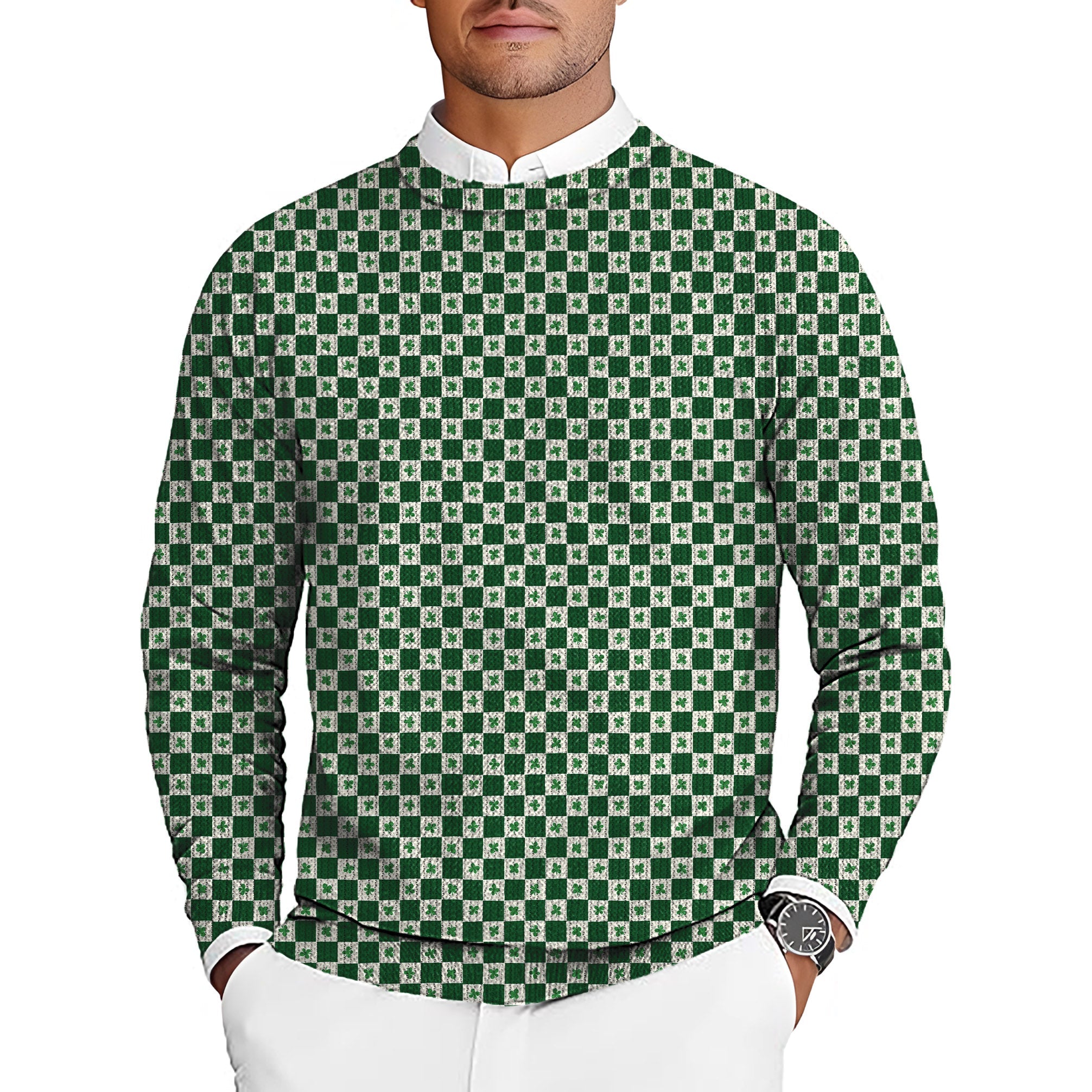 Men's St. Patrick's Day crewneck pullover sweater with green and white leaf clover pattern