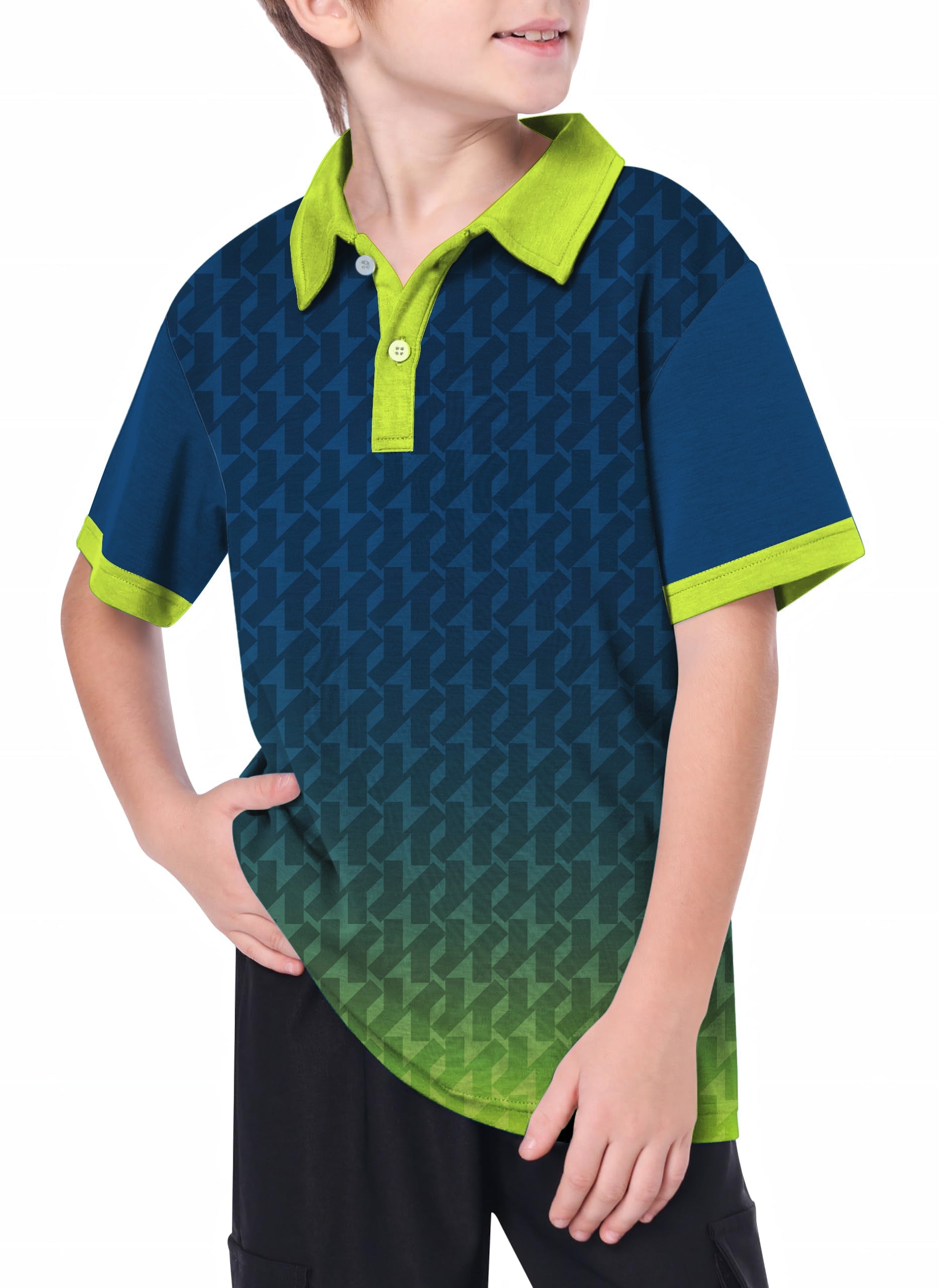Youth golf polo with green gradient, 4-way stretch, moisture-wicking, and UPF 40+ protection