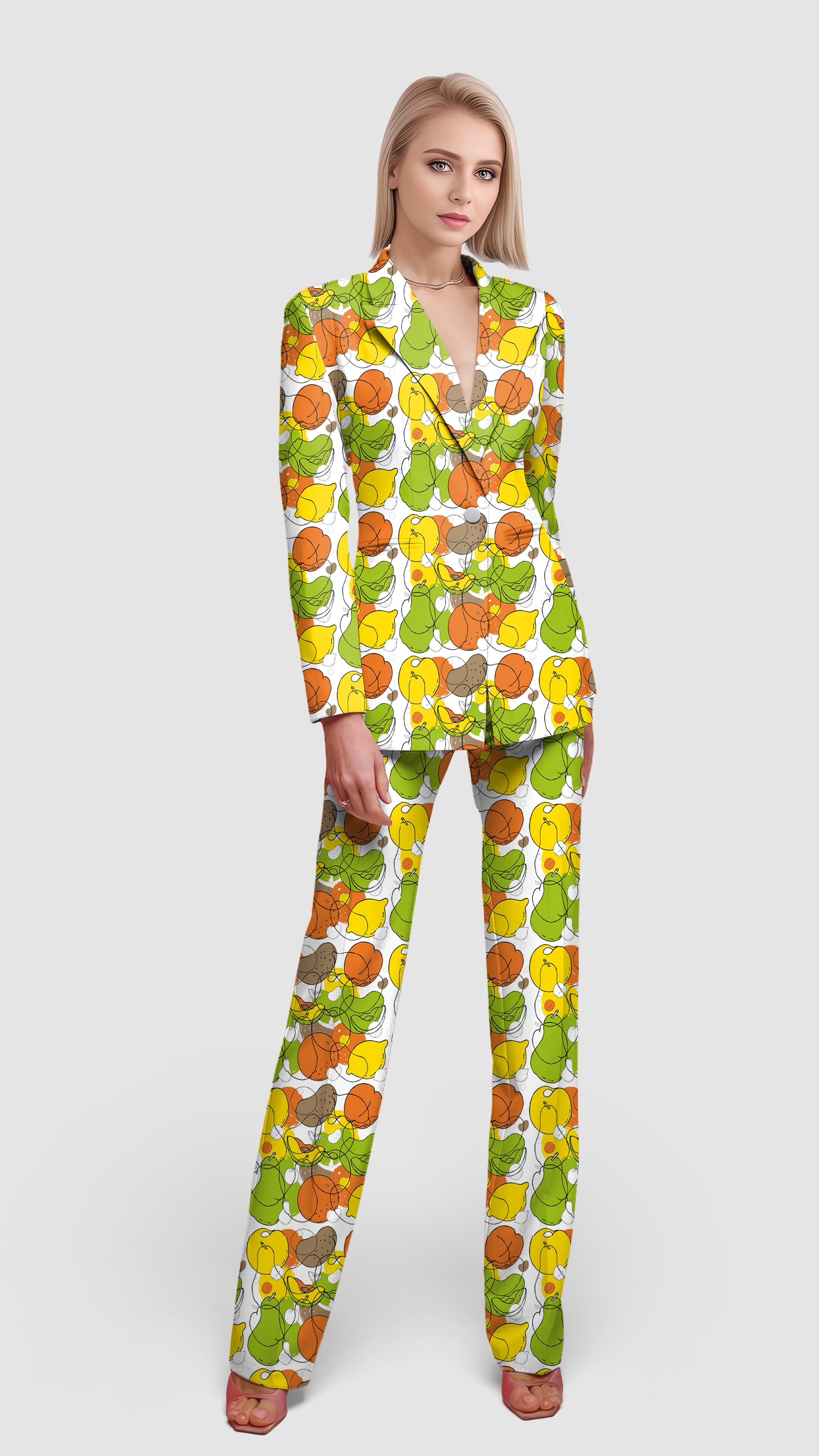 colorful fruit print women's blazer and pants suit set for casual and office wear