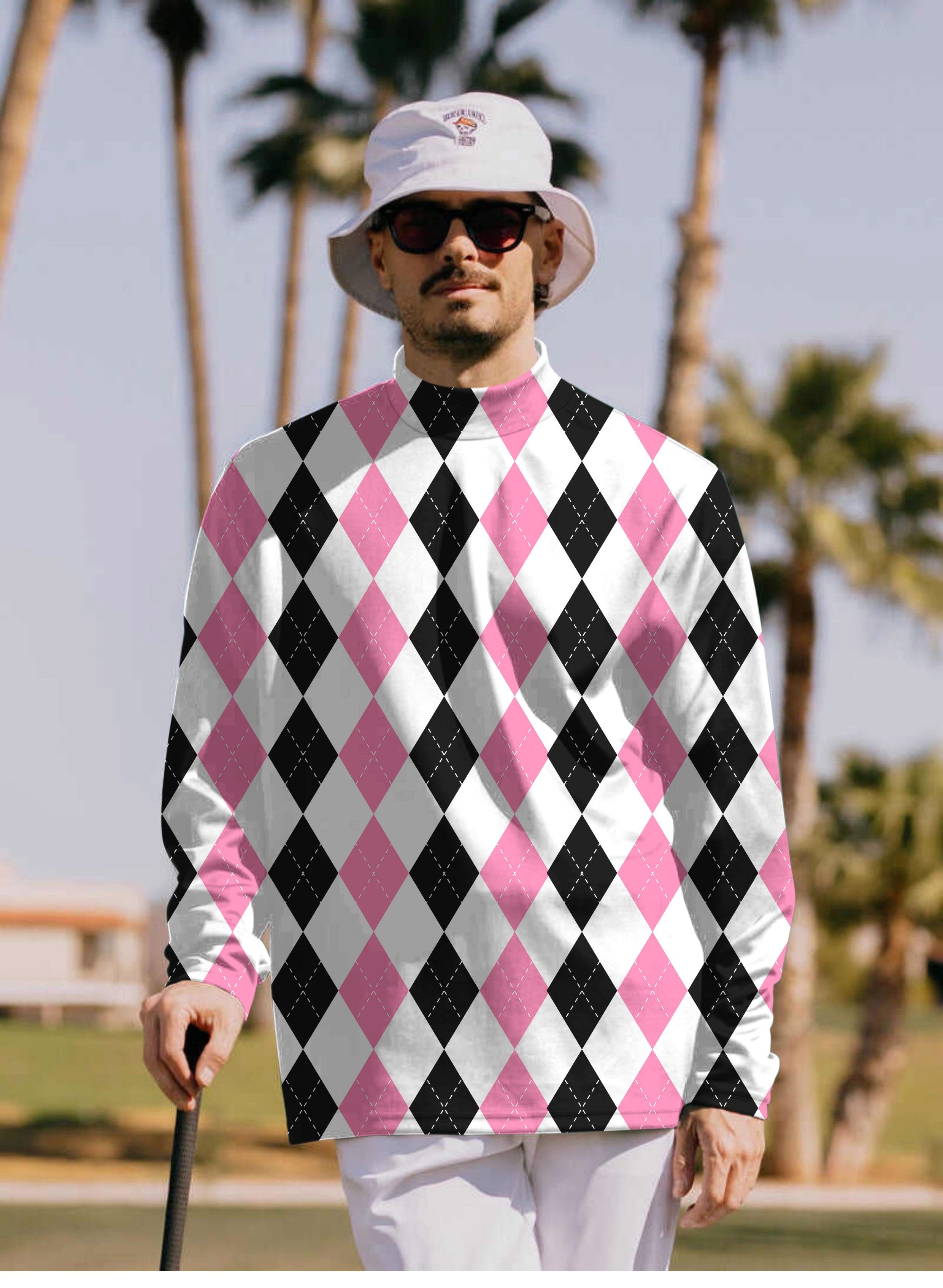 Men's pink black argyle Pullover High neck Long/Short sleeve T-Shirt