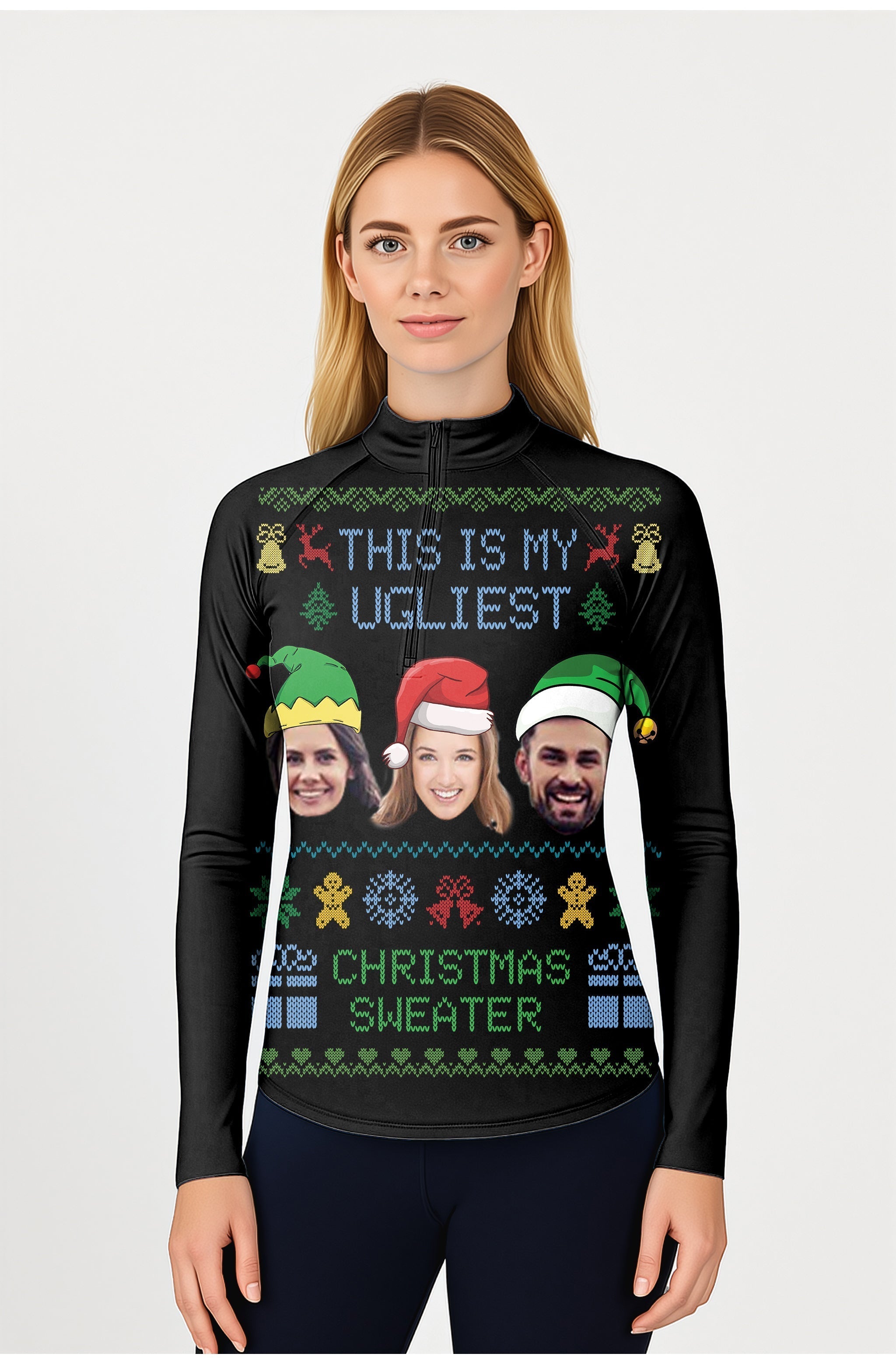 Women wearing Black-Christmas Custom face golf active 3/4 zip top with festive ugly Christmas sweater design