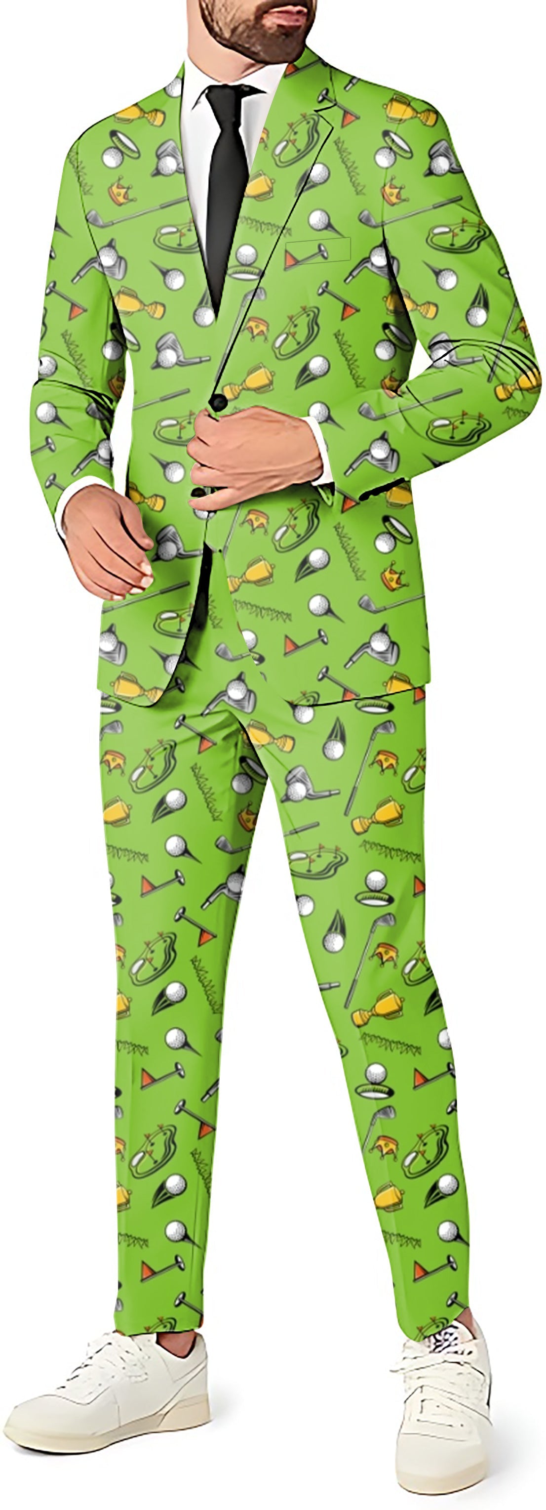 Stadium Champion Men's green blazer and pants suit with golf-themed pattern for party costumes