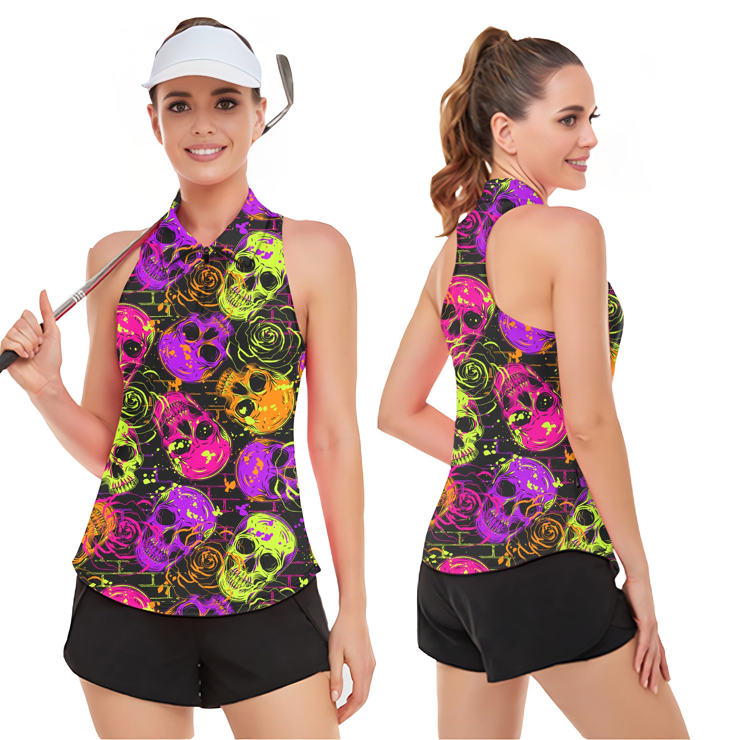 Women's sleeveless golf tank top with Halloween colors skull print, breathable and moisture-wicking fabric, UPF50+ sun protection