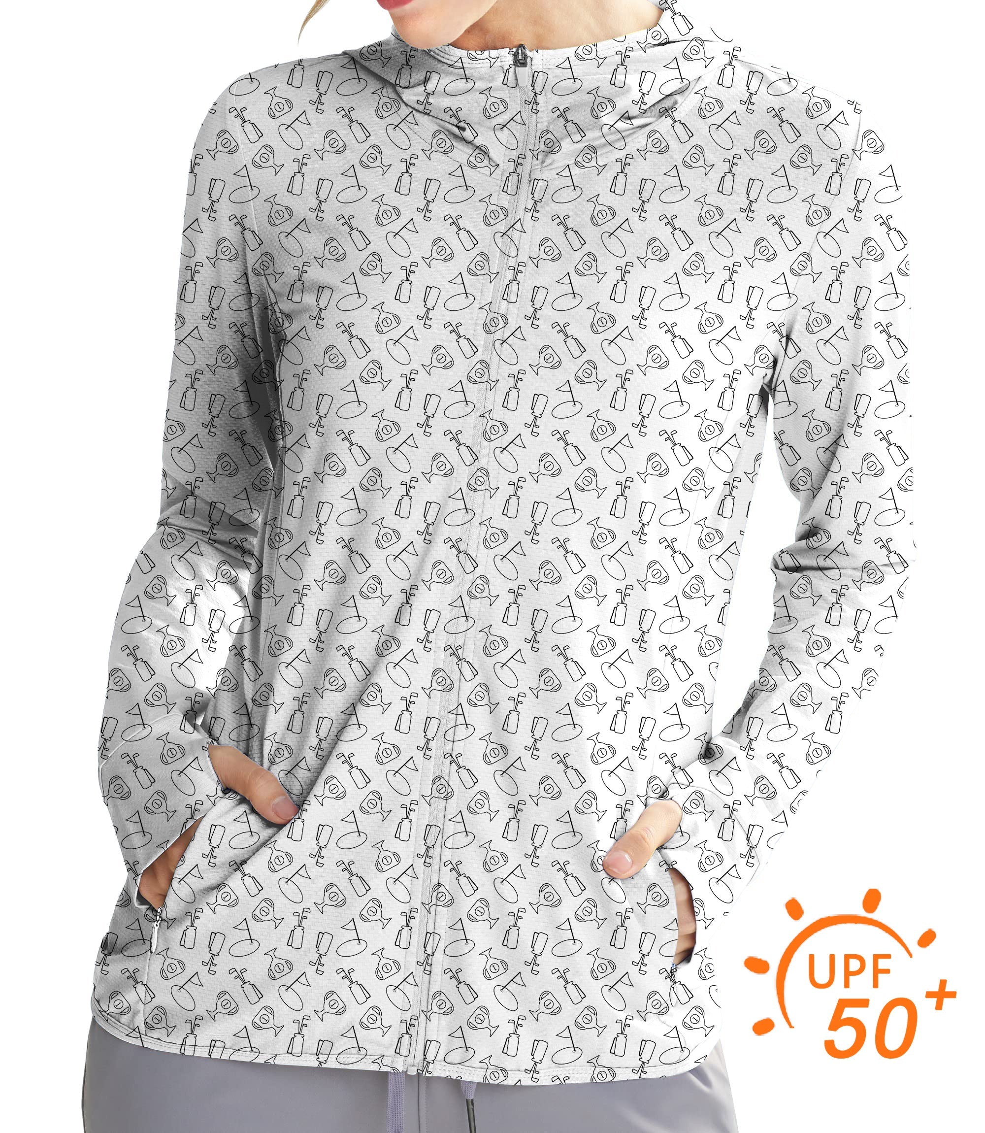 Women's outdoor golf slim fit zip hoodie with sun protection and golf-themed pattern