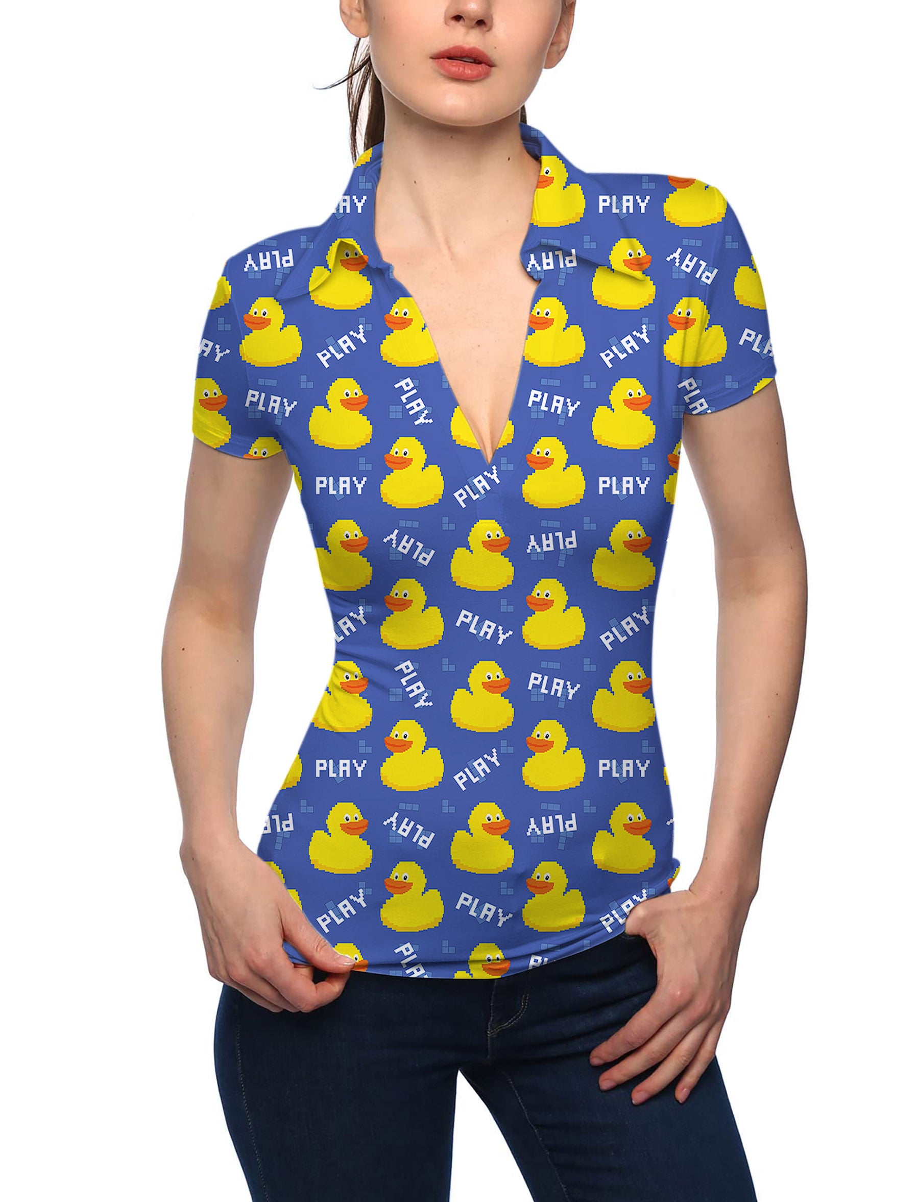 Women's Yellow duck V Neck Golf Polo