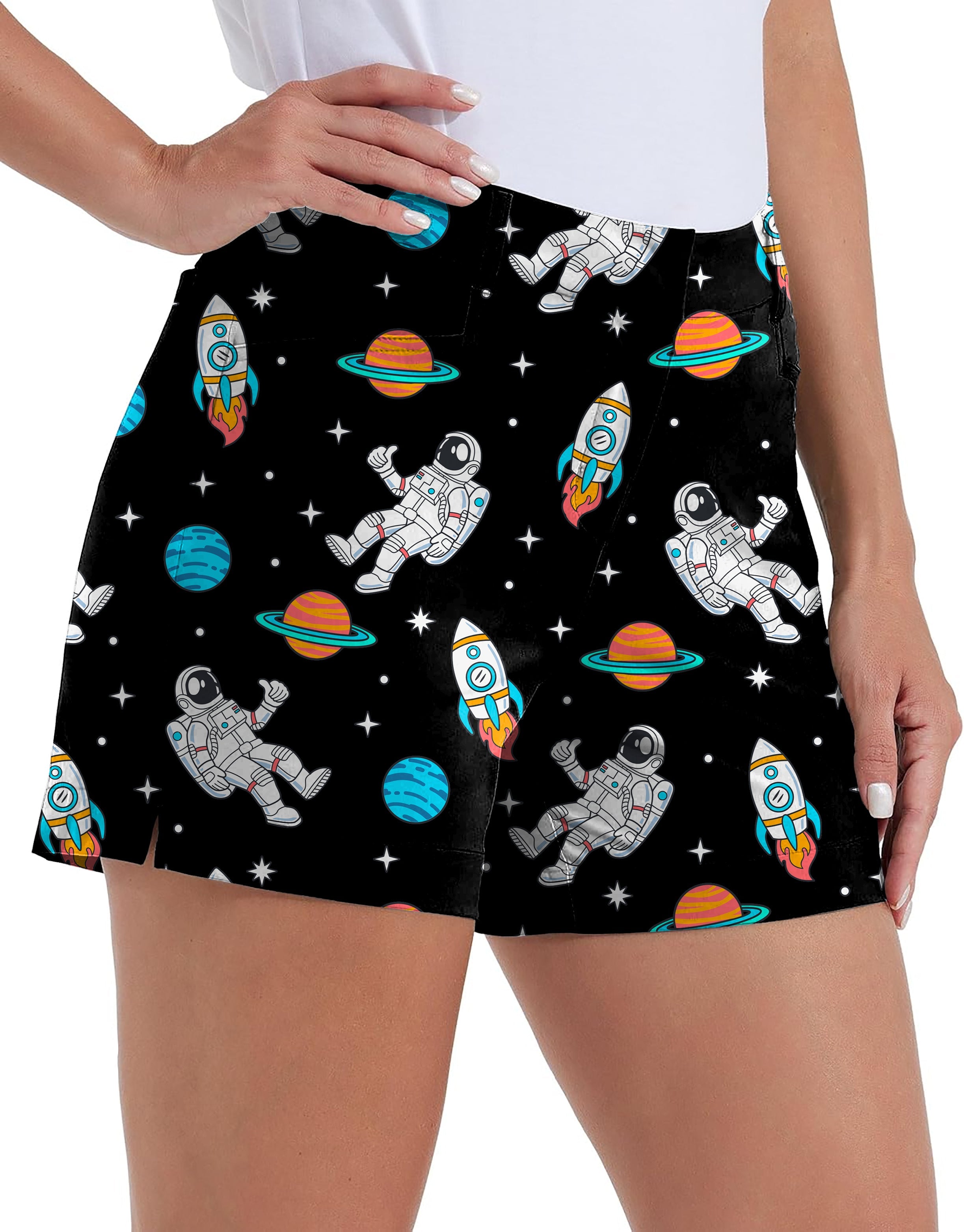 Women's Space Man Polo quick-drying golf shorts with astronaut and planet print, waterproof and casual outdoor wear with pockets