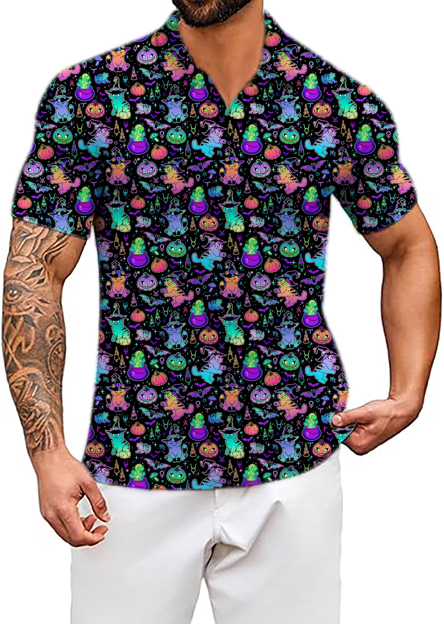 Men's Coconut Palm Halloween constellation cat V-neck golf polo shirt with spooky colorful pattern and classic fit