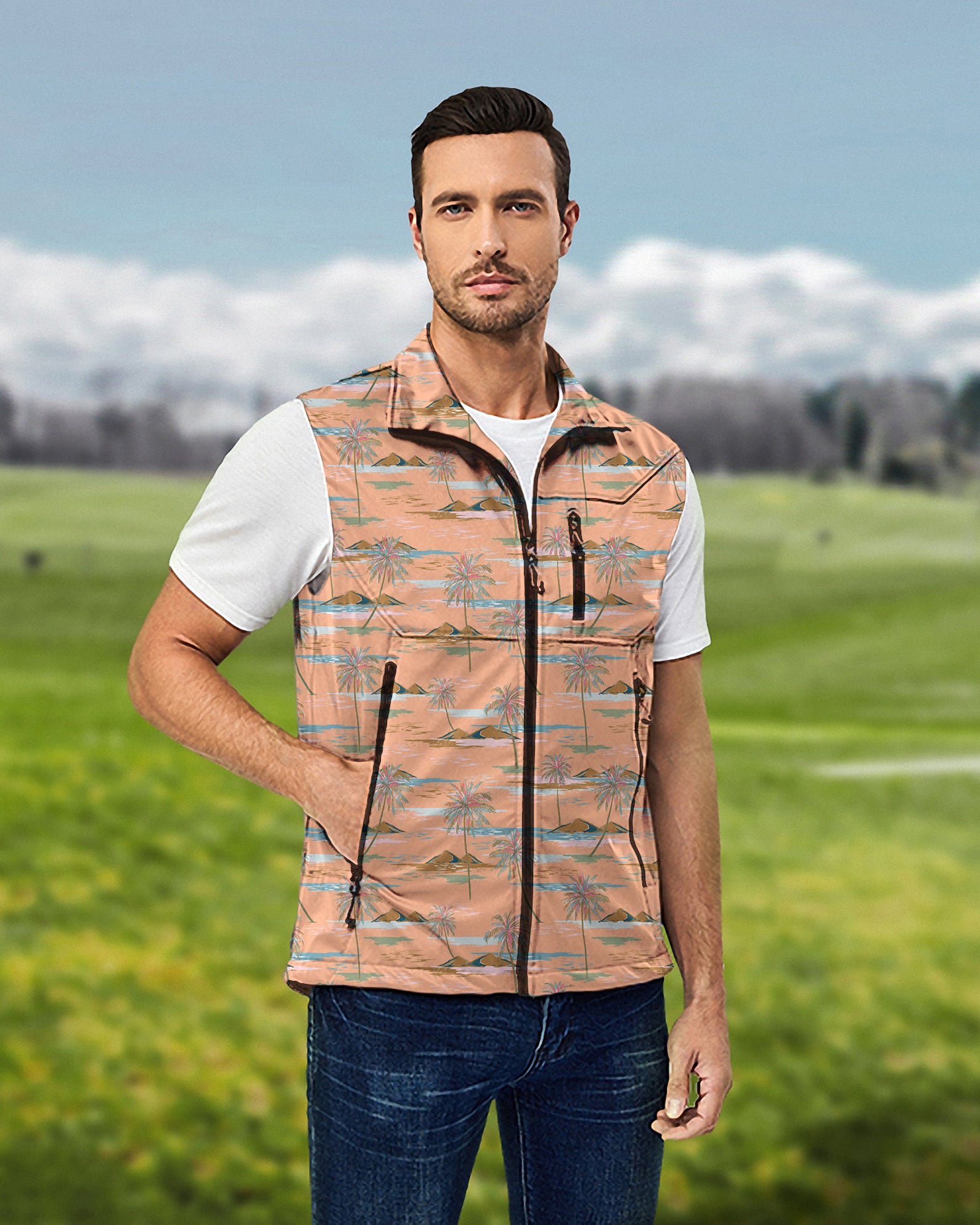Men's Sweet Palm tree Lightweight Softshell Vest Sleeveless Jacket for Golf Windproof Waterproof