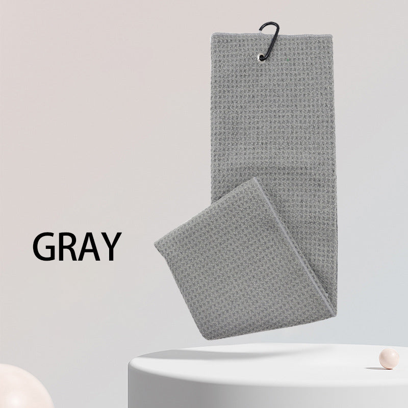 Gray sports microfiber waffle golf towel with hook for easy attachment