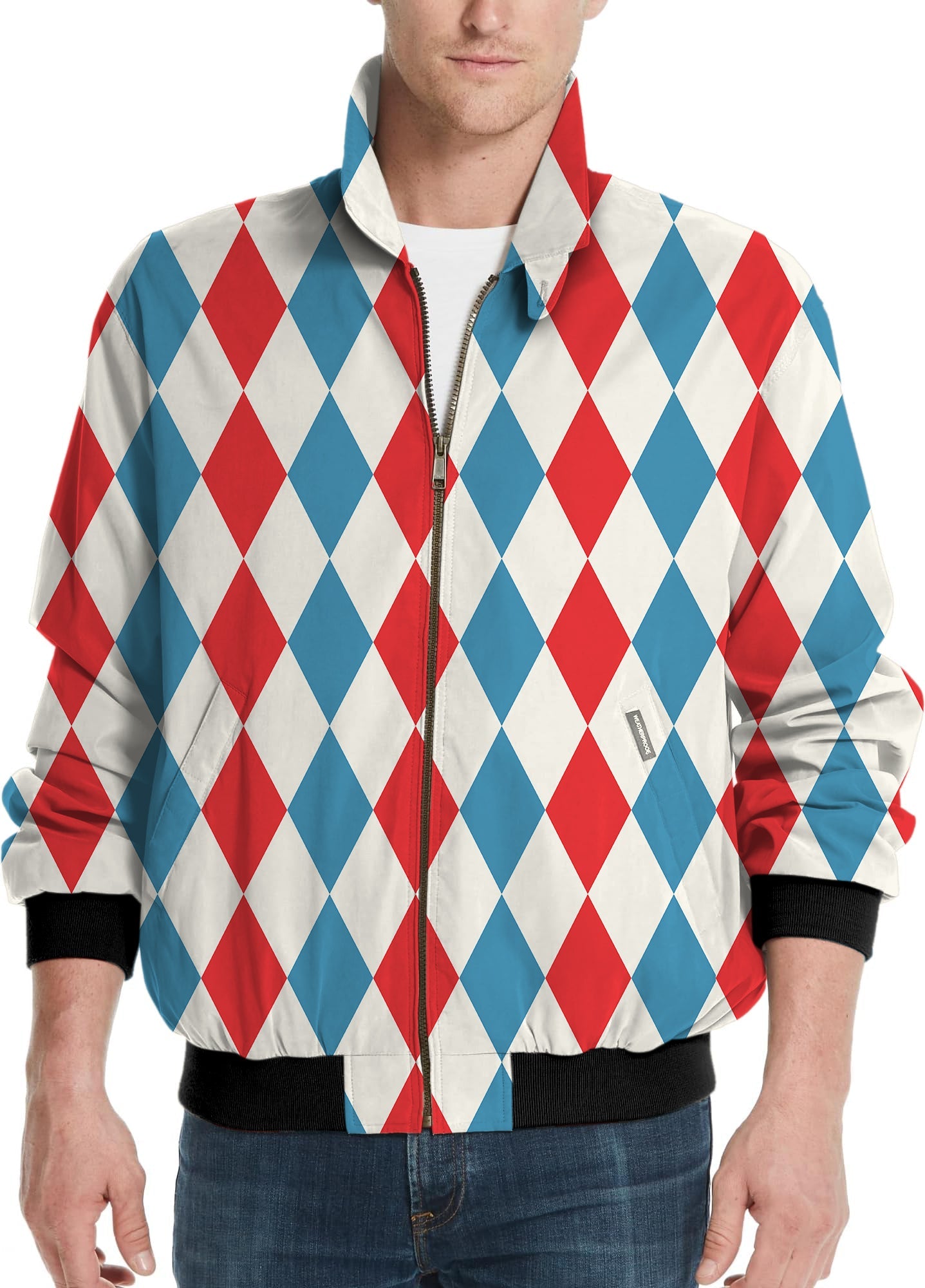 Men's golf windbreaker with geometric checkerboard argyle pattern in red, white, and blue
