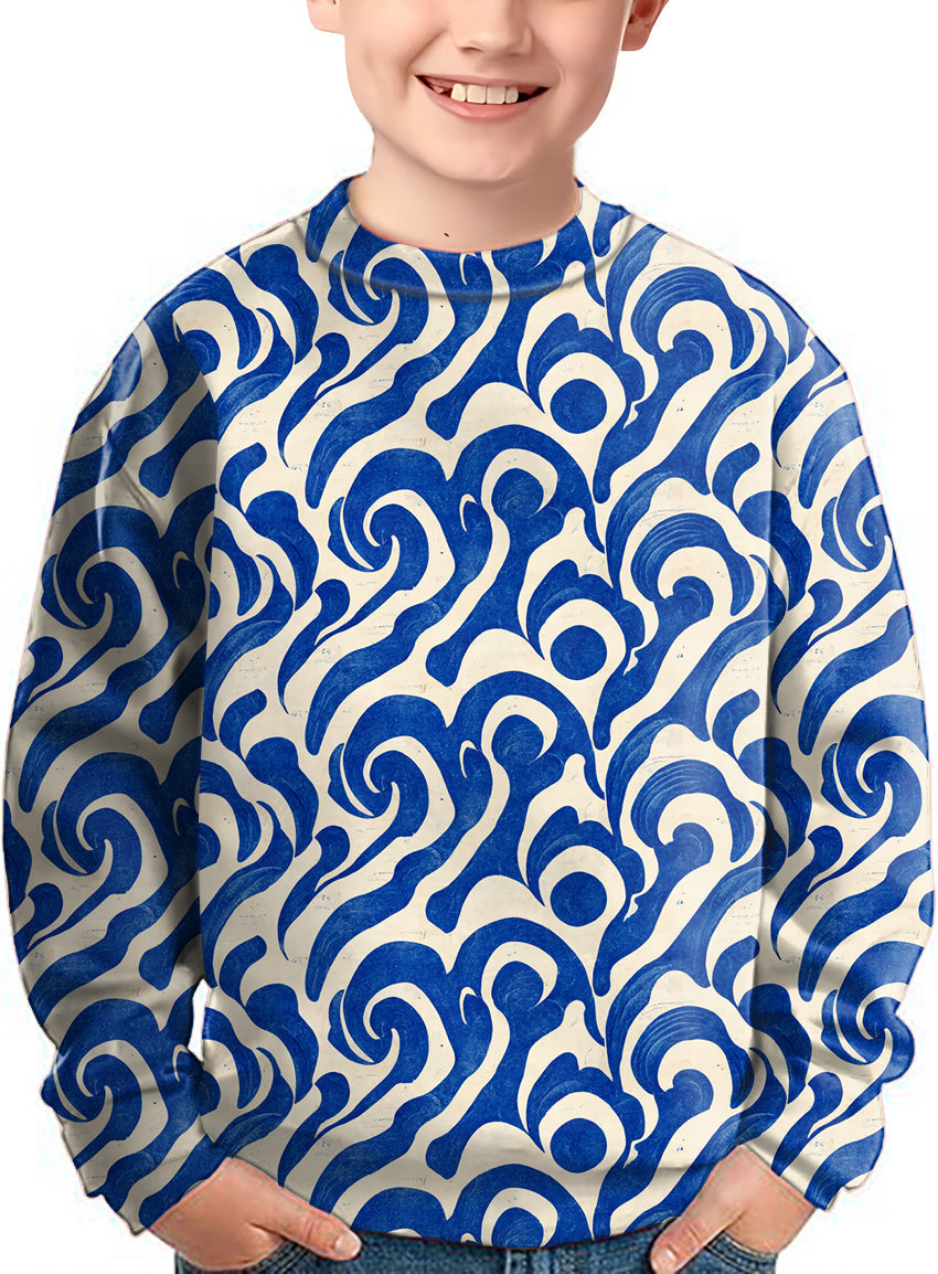 Kid wearing Blue Harmony Crewneck Pullover with abstract blue and white pattern