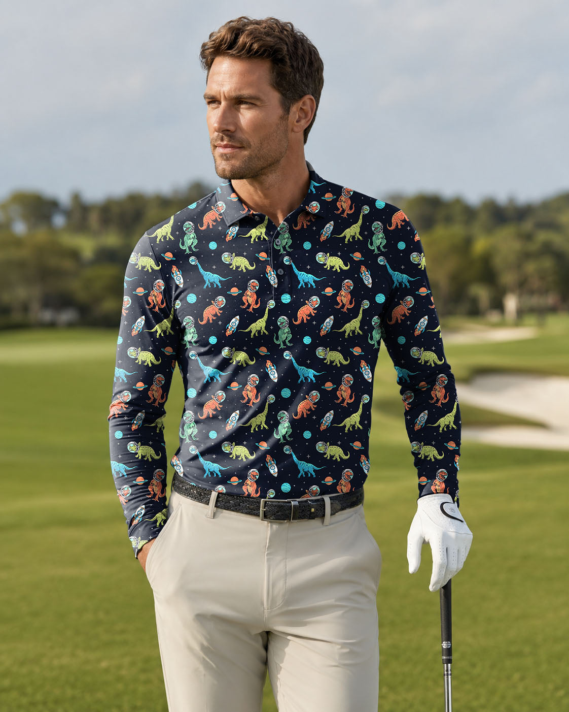 Men's Space Dinosaur golf Long-sleeved Polo