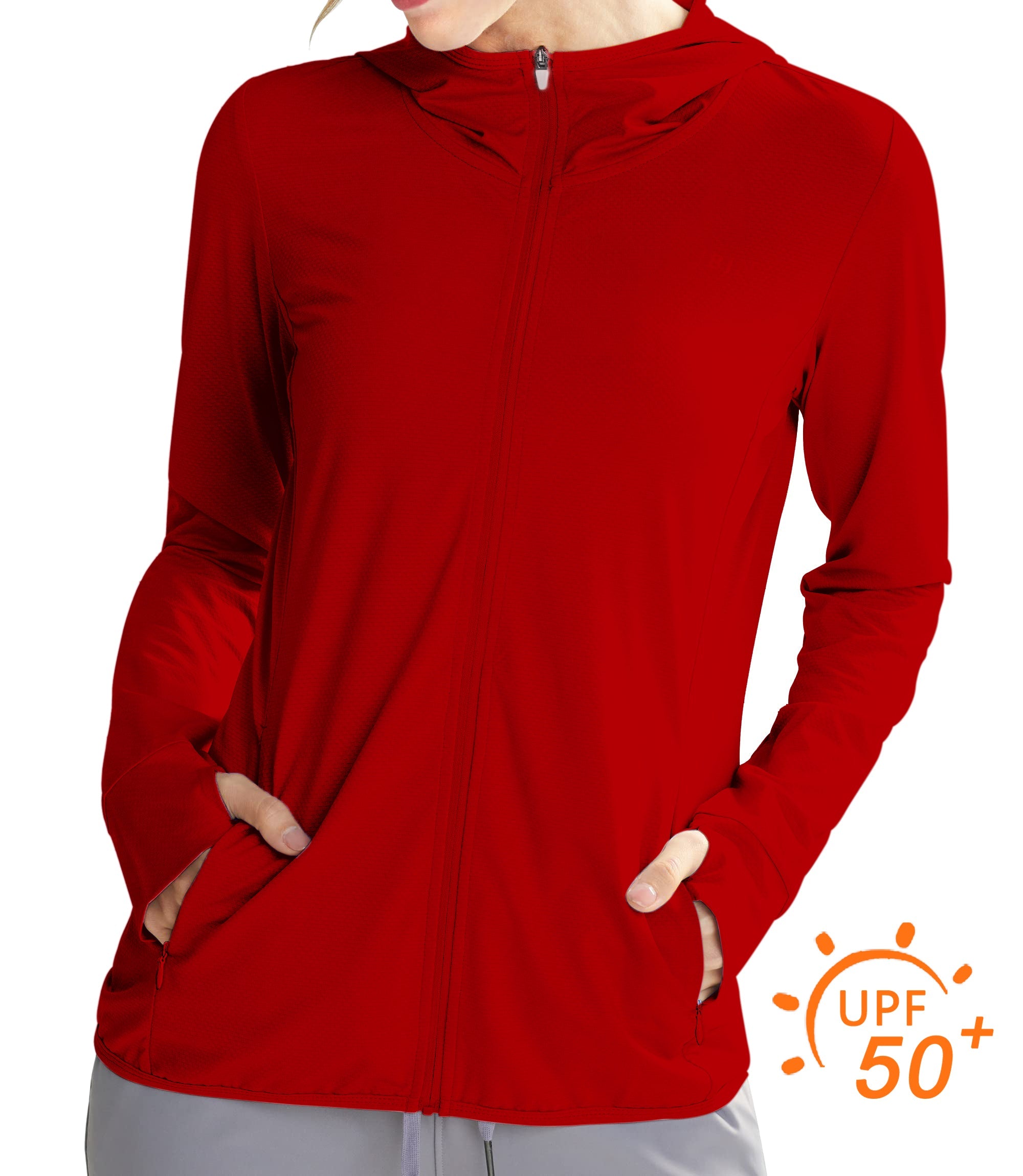 Women's outdoor slim fit red zip hoodie with sun protection UPF 50+
