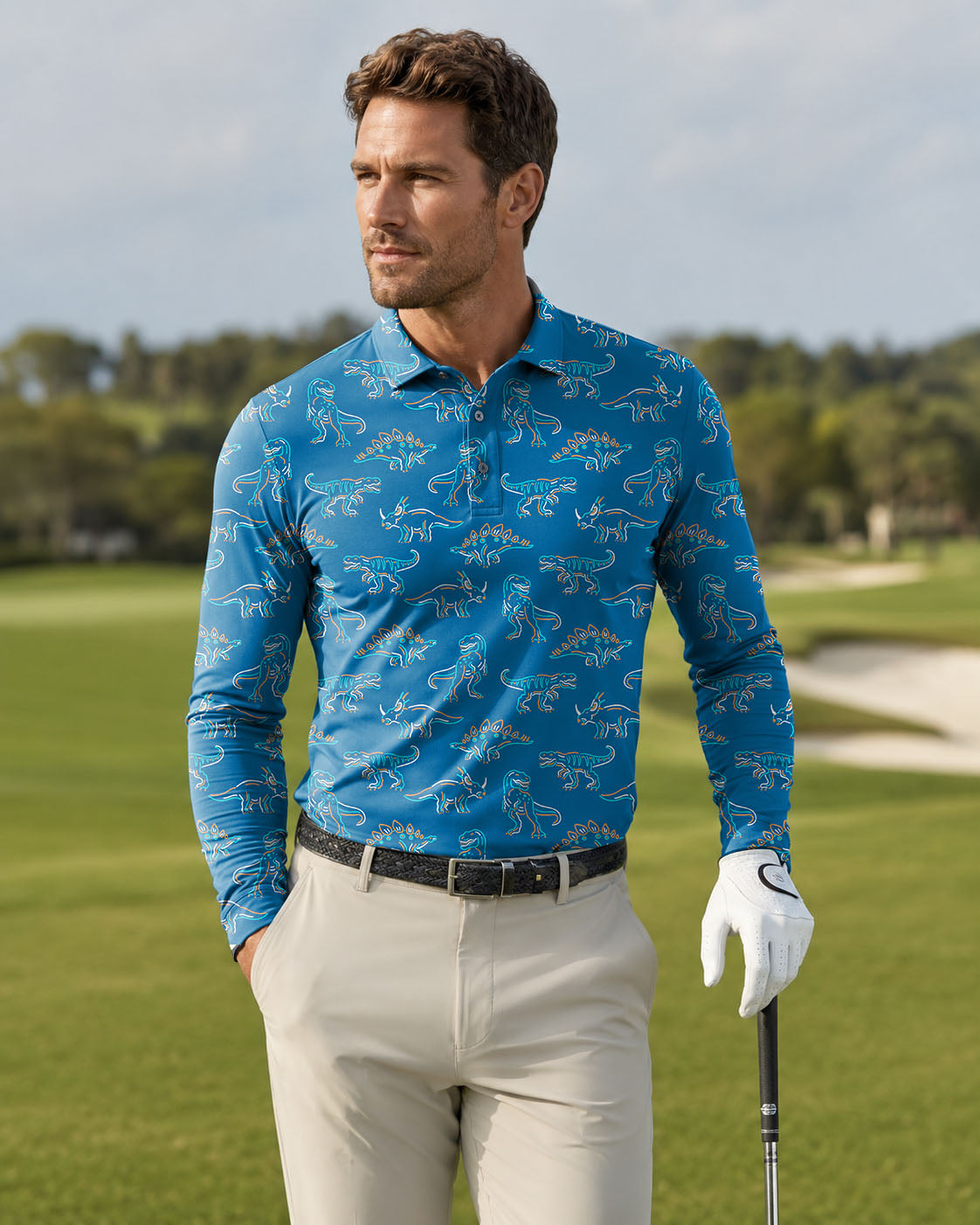 Men's dinosaur golf Long-sleeved Polo