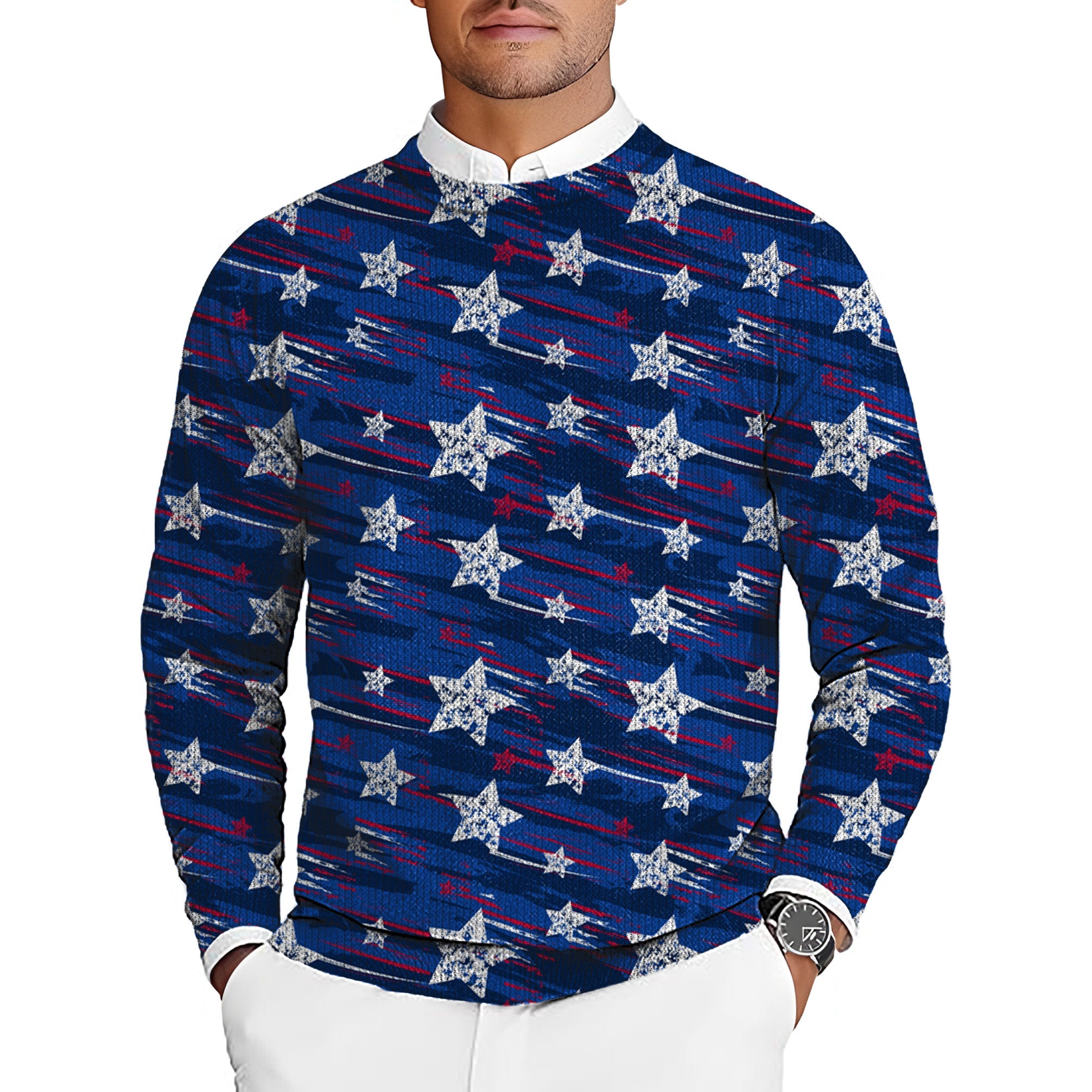American Star Men's golf crewneck pullover sweater with star pattern and custom logo options
