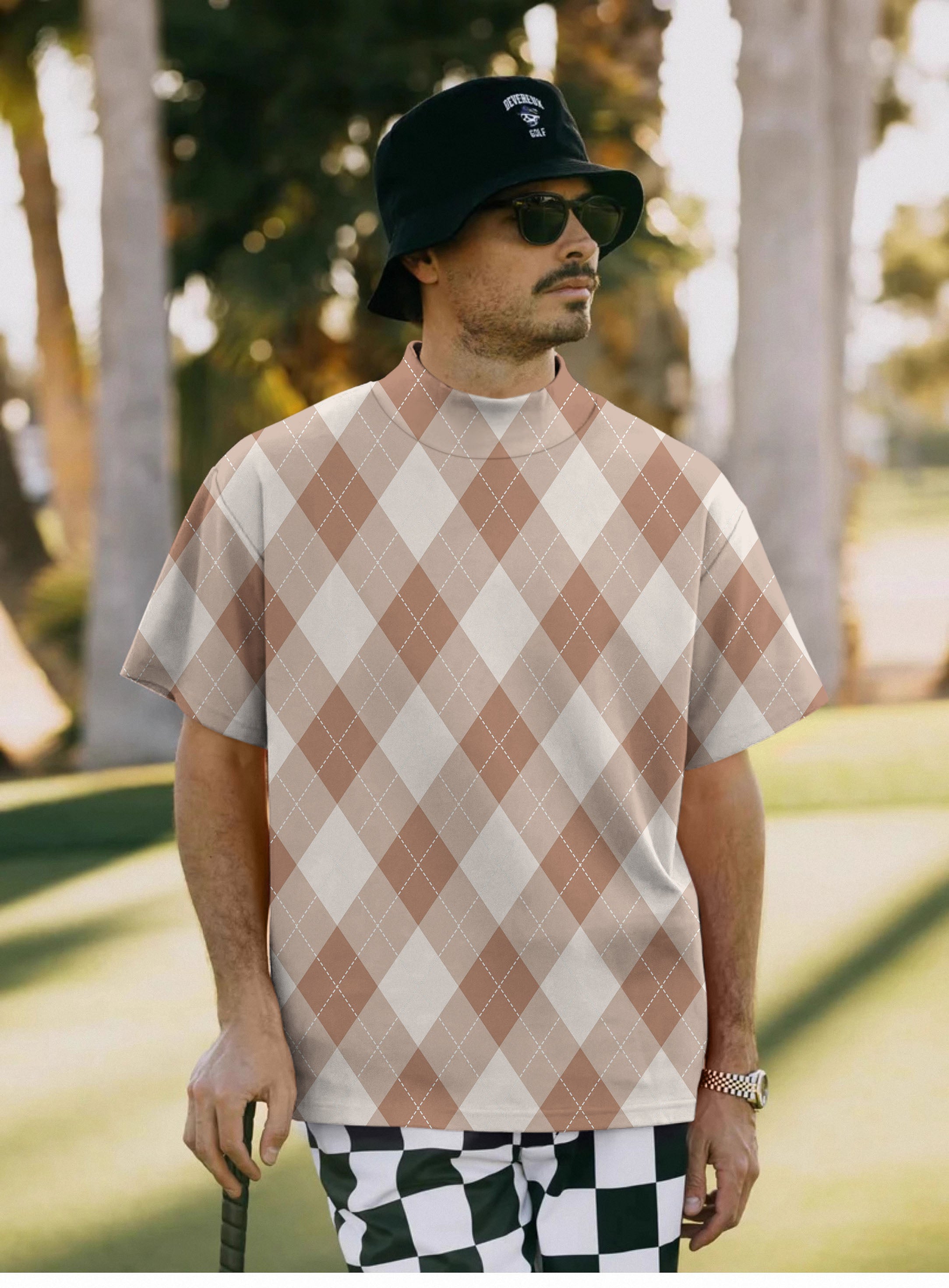 Men's brown Argyle Pullover High neck Long/Short sleeve T-Shirt