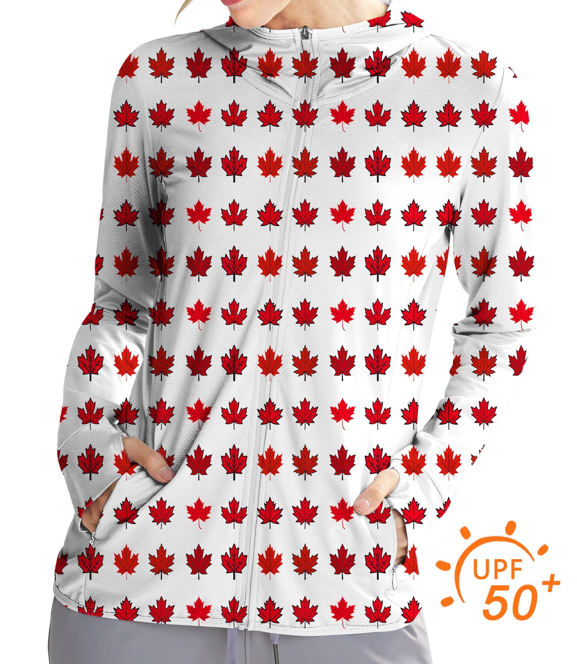 Women's outdoor slim fit zip hoodie with red maple leaf pattern and UPF 50+ sun protection