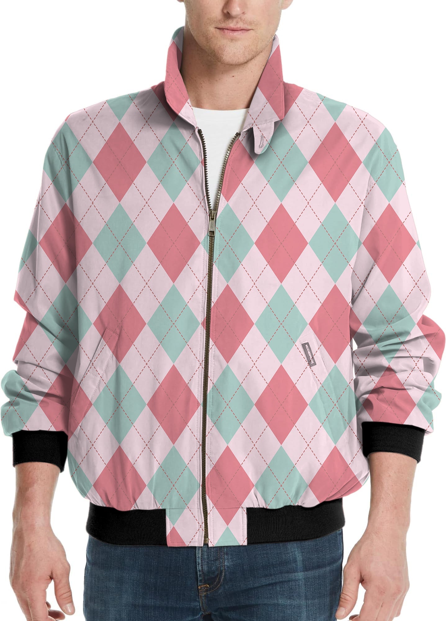 men's pink Argyle golf windbreaker light jacket with zipper and black cuffs