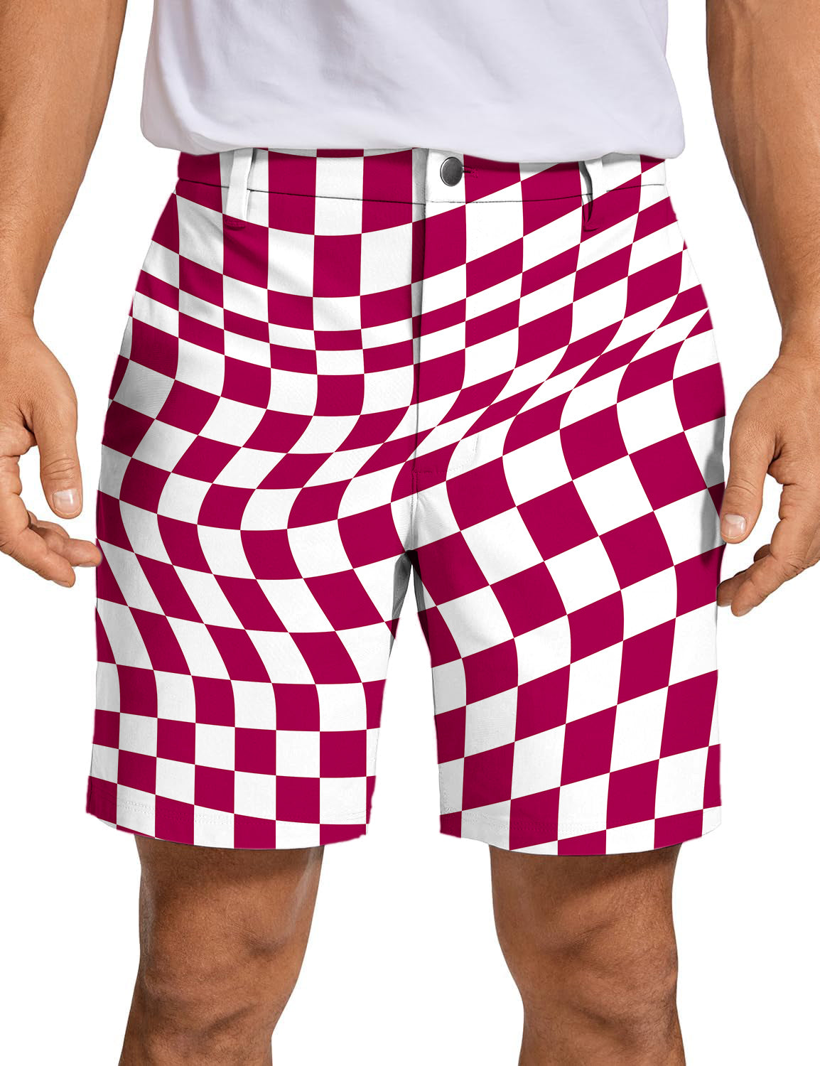 Men's golf shorts with distorted red and white checkered pattern, quick-dry, lightweight, and stretchy fabric.