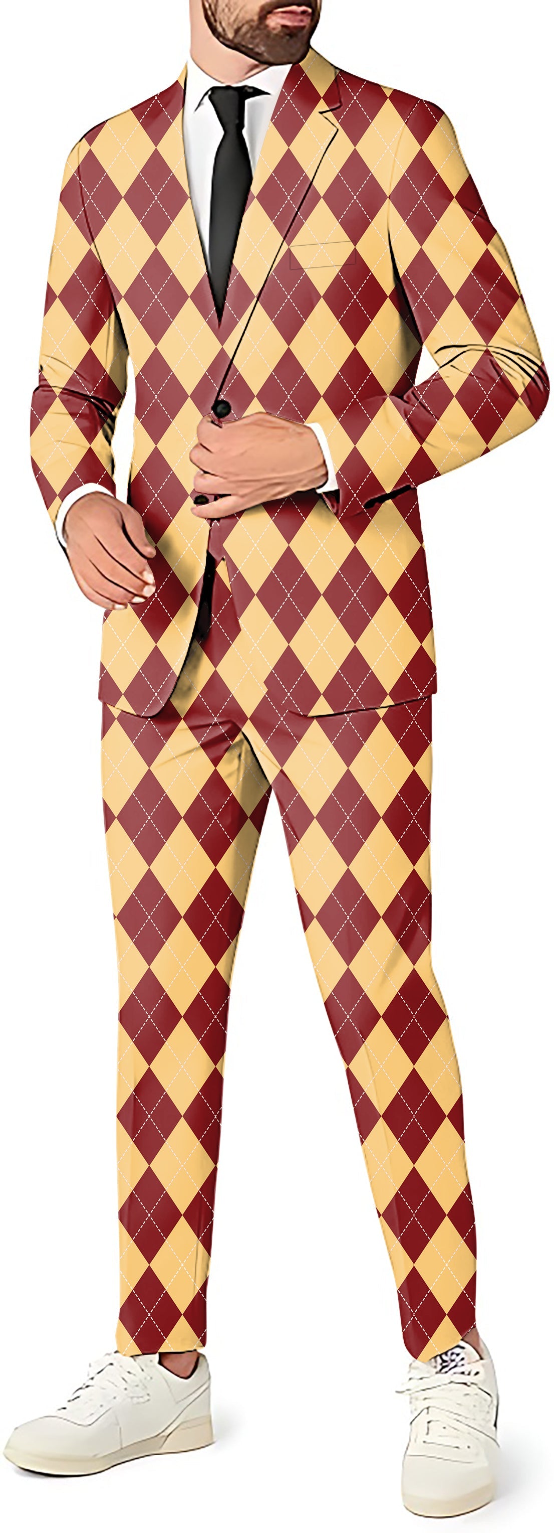 yellow red Argyle men's party suit set with blazer, pants, and vest