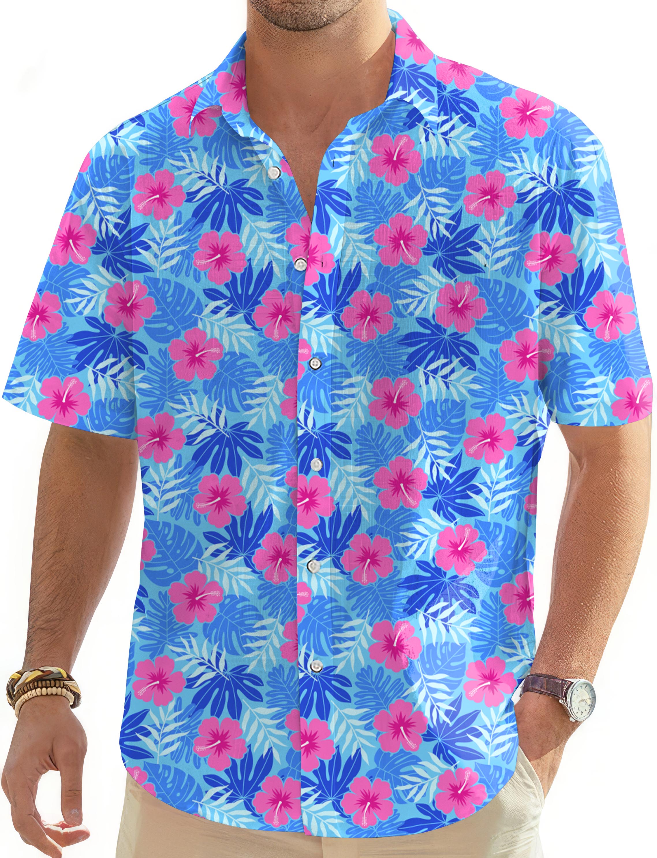 Men's Vivid Bloom flower Hawaiian golf shirt with bright pink and blue floral pattern and button-down front