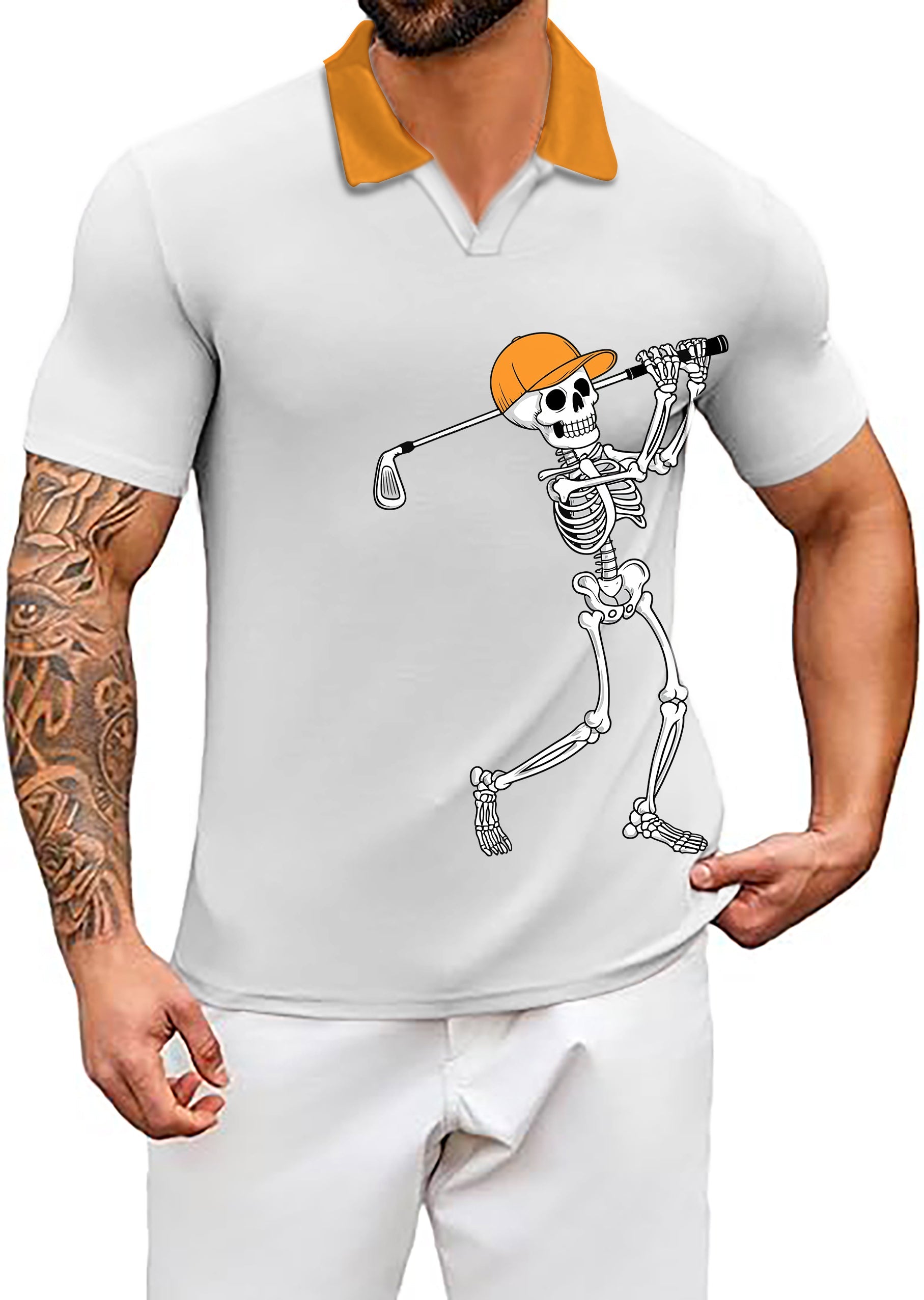 Men's white golf polo with orange collar and skeleton golfer graphic, designed for comfort and UV protection