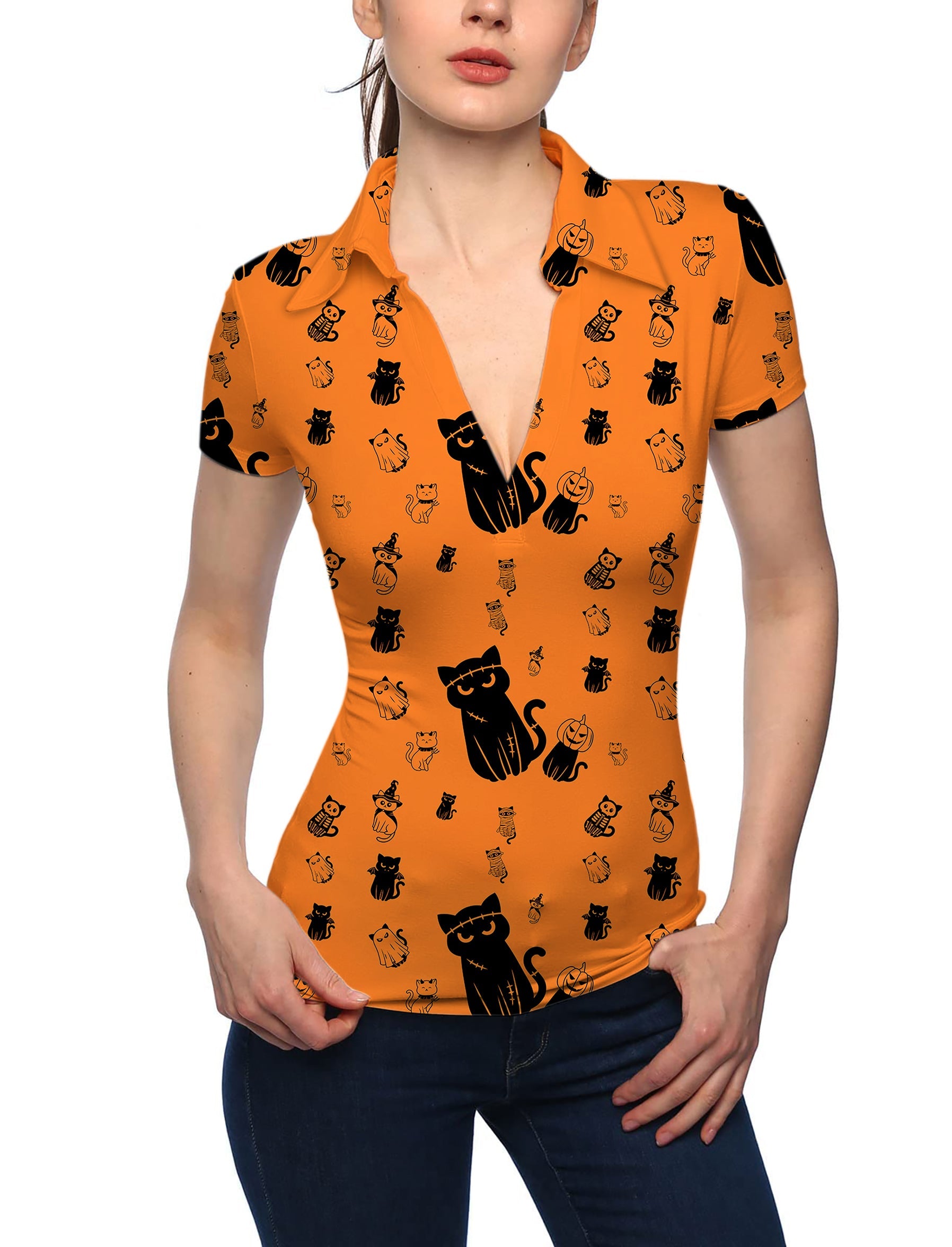 Women's Halloween golf polo shirt with cute black cat print and V-neck collar in orange