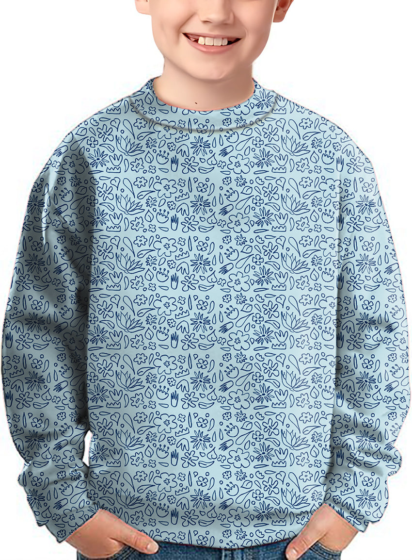 Kids crewneck pullover with simple blue flower drawing pattern on light blue background