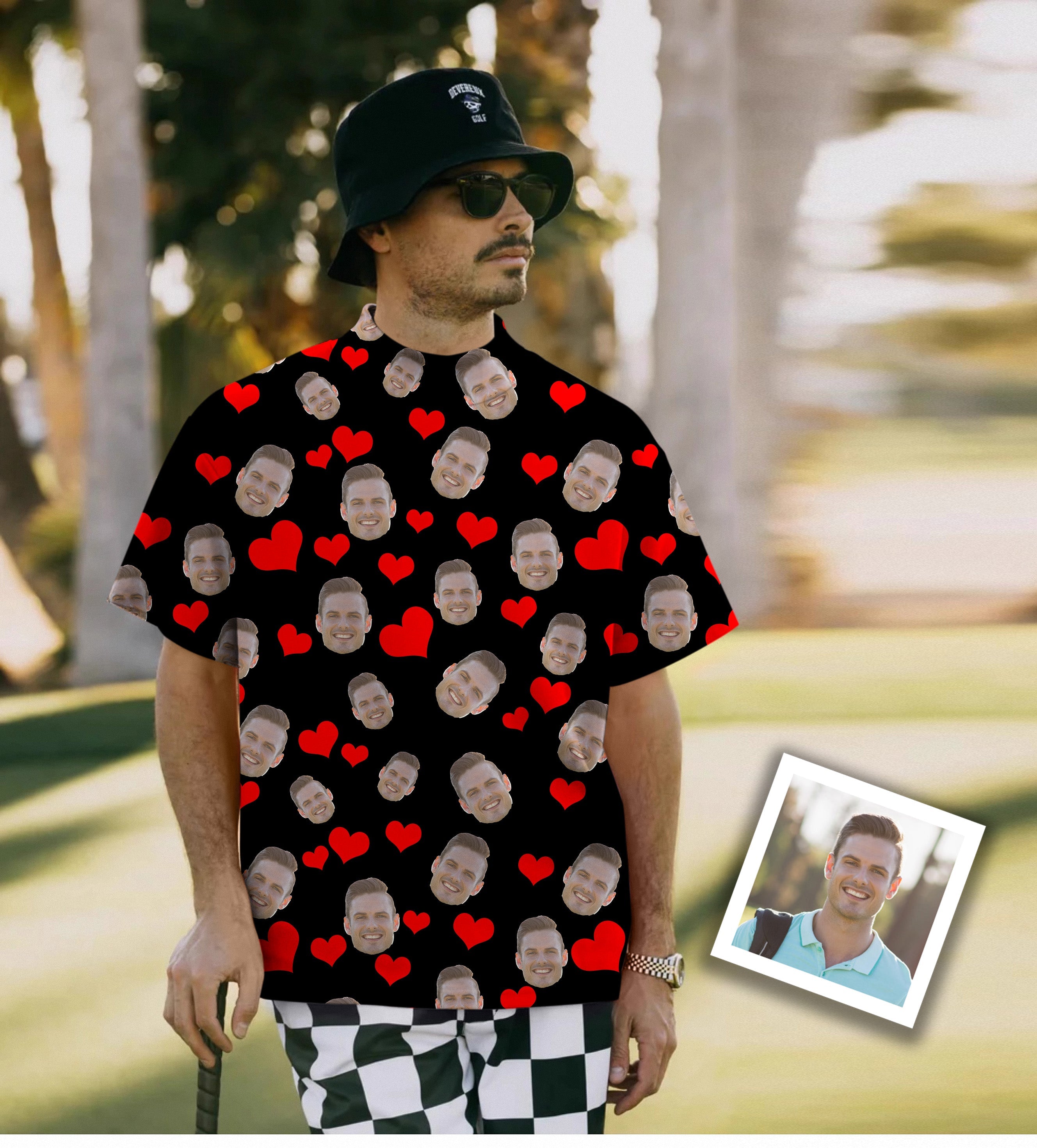 Men's custom red heart photo face pullover T-shirt with short sleeves and high neck design