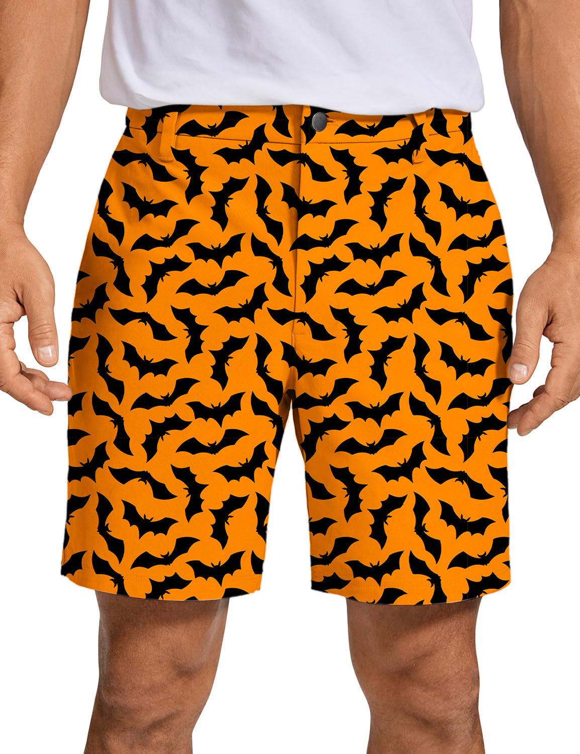 Men's Halloween Bat golf shorts with orange background and black bat pattern, quick-dry and lightweight fabric