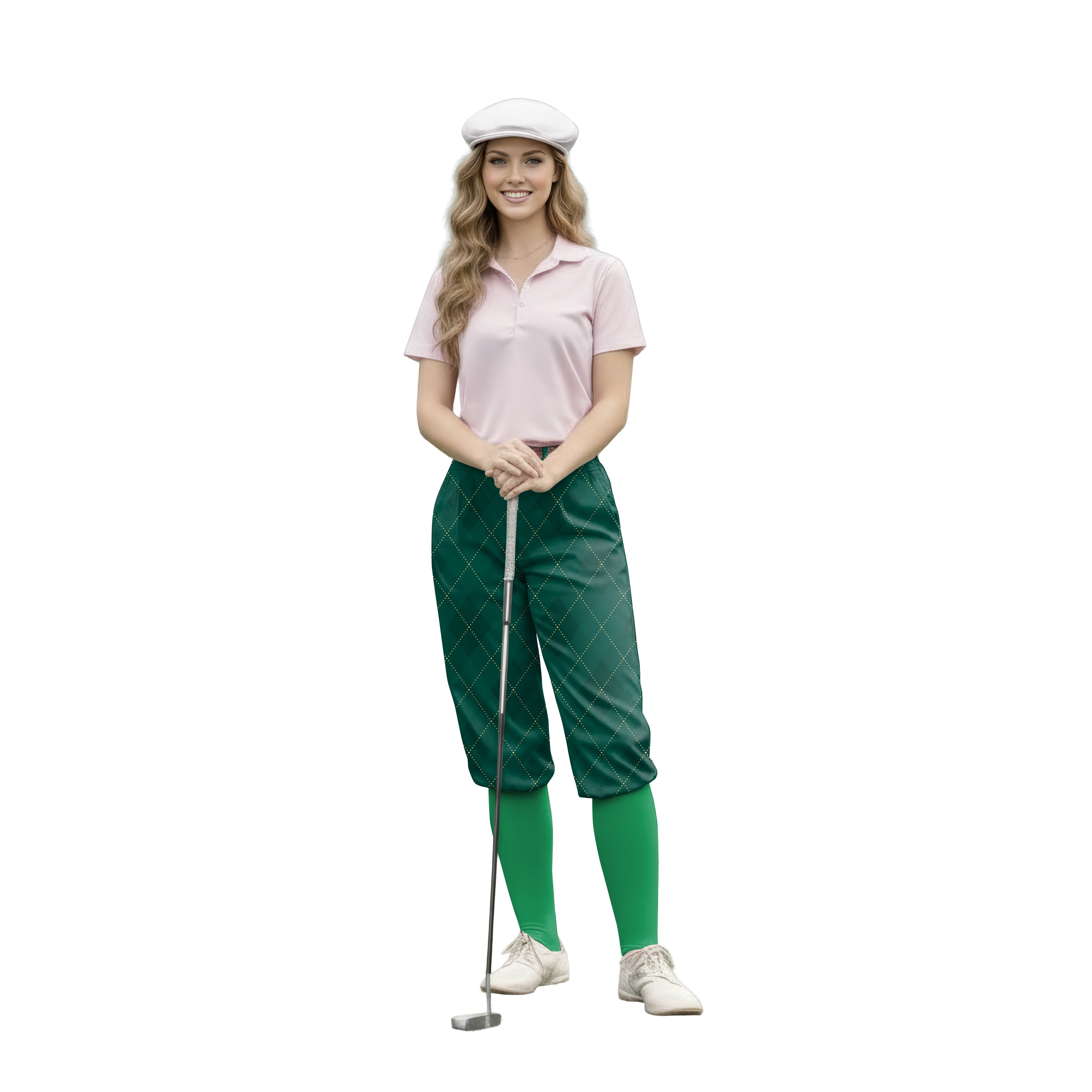 Woman wearing green argyle womens golf knickers pants holding a golf club