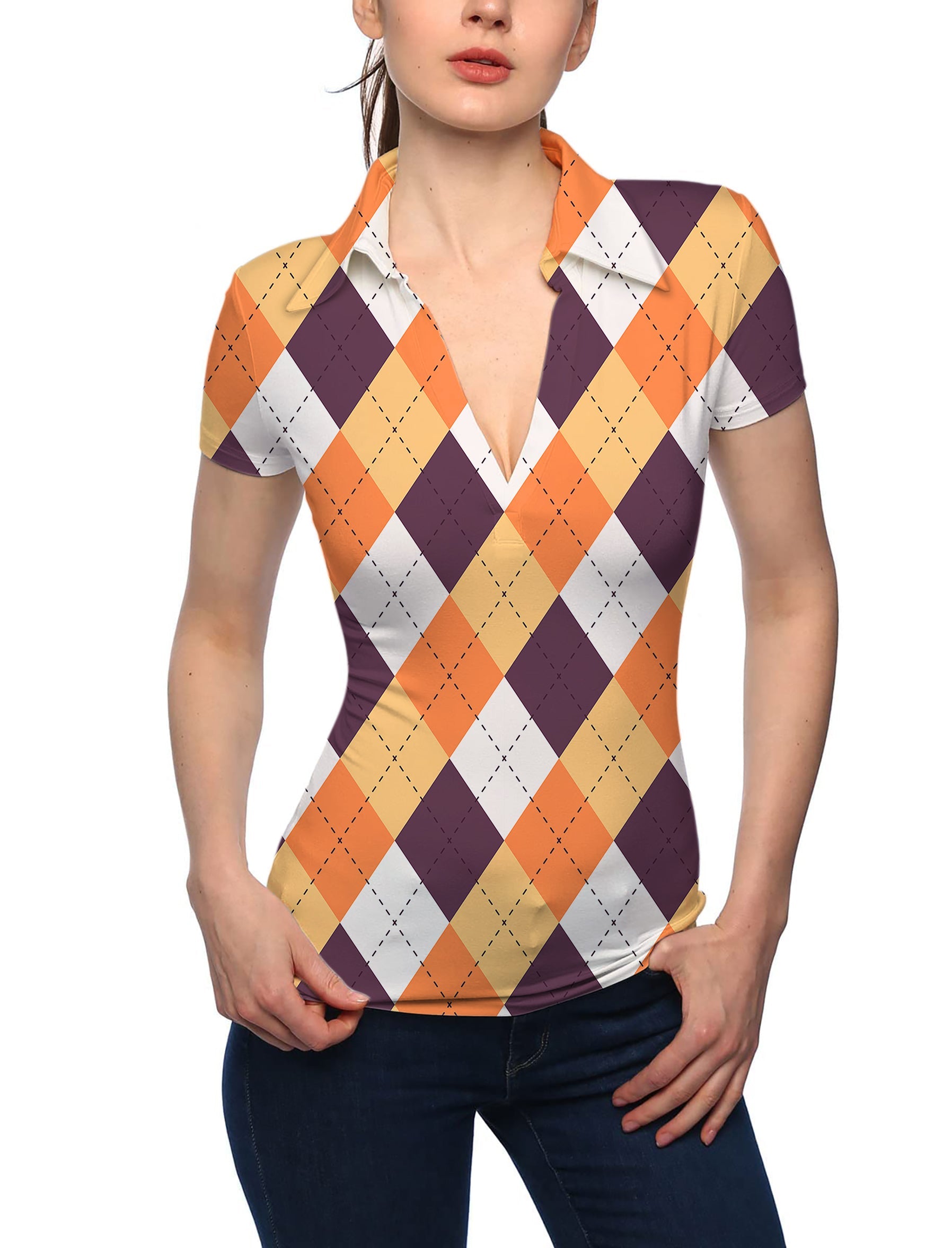 Women's Halloween orange white brown argyle V neck golf polo shirt with short sleeves and stand collar