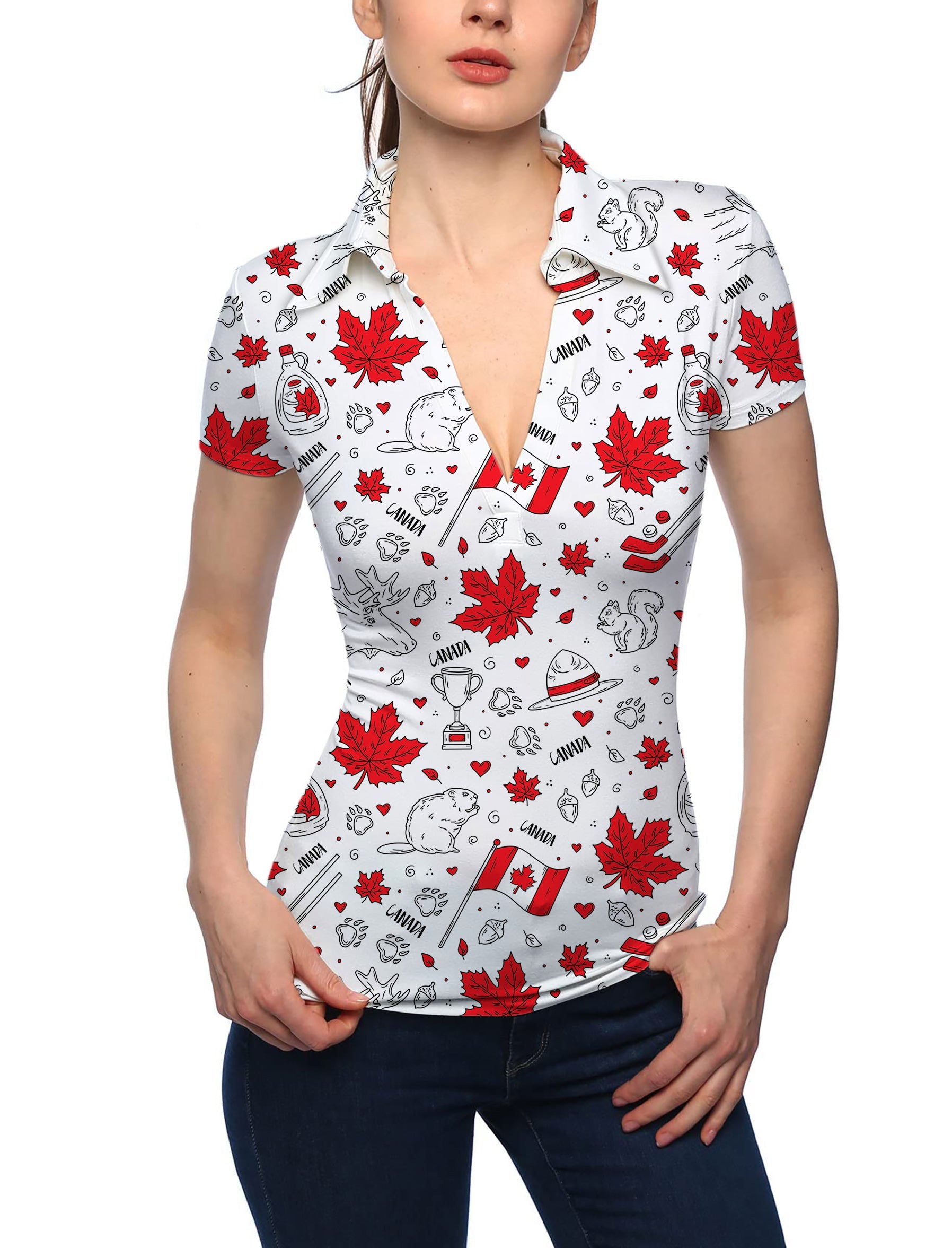 Women's Canadian Balloon squirrel and maple leaves print V-neck golf polo shirt