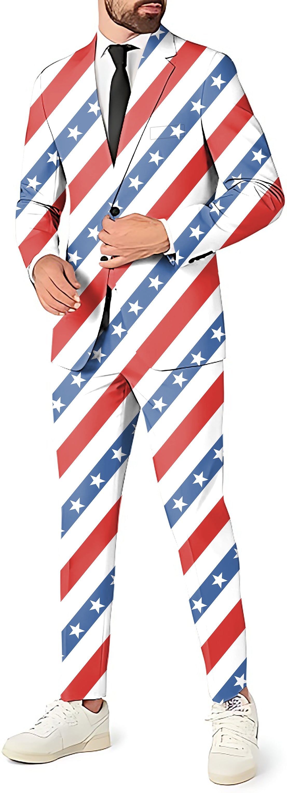 Men's American President Day suit set with blazer, pants, and vest featuring patriotic stars and stripes design