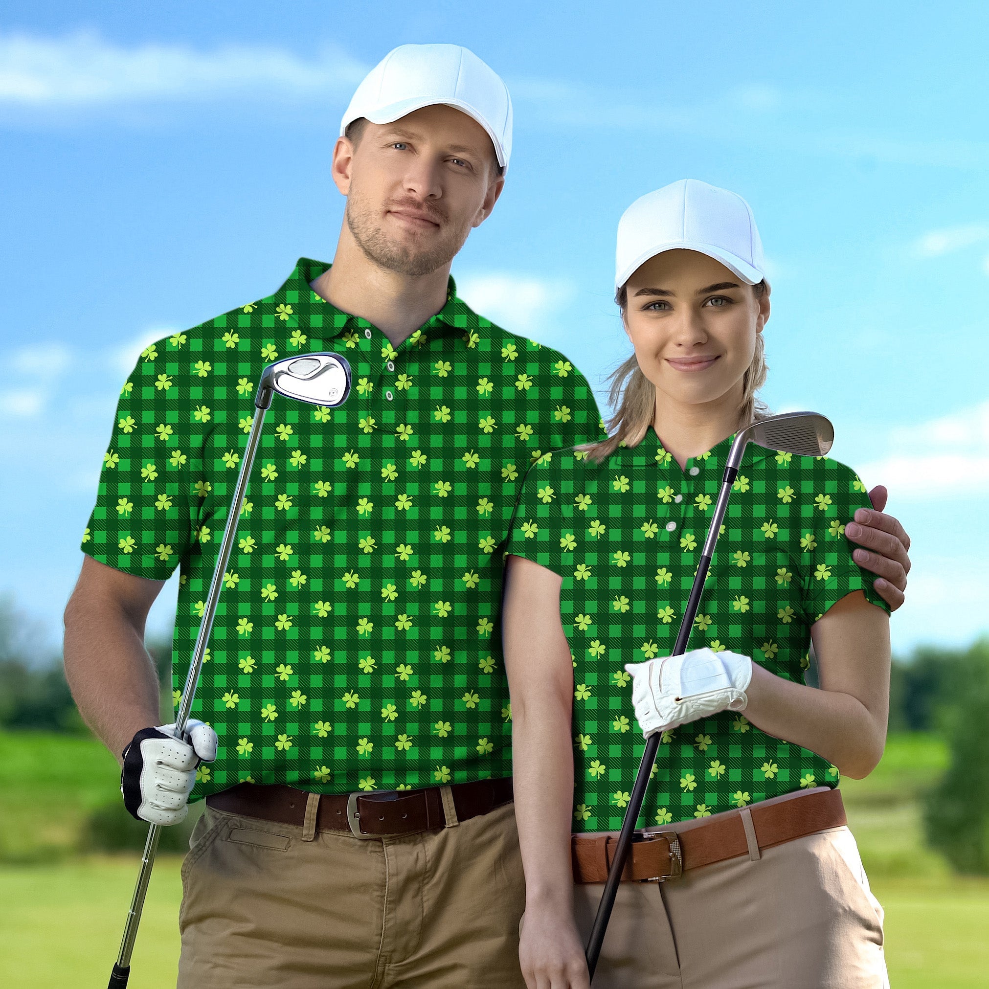 Couple wearing green leaf clover St. Patrick's Day golf polo family set on golf course with clubs